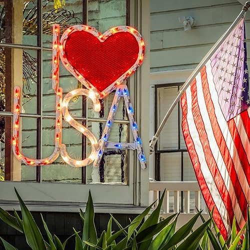 Miniatura 5 de Escultura patriótica iluminada del día de la independencia de la silueta de la ventana 50L iluminada roja, blanca y azul I Love USA