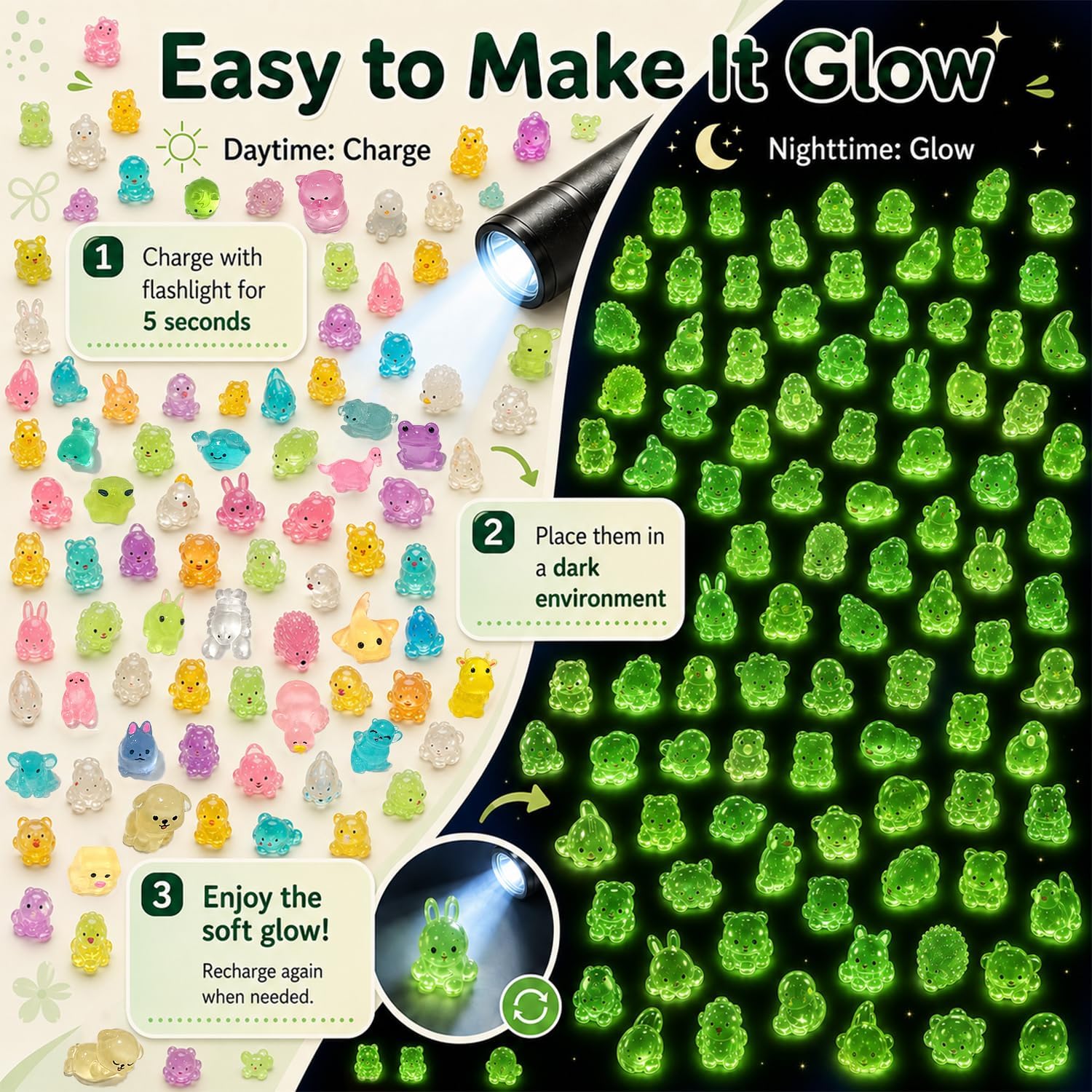 320Pcs Mini Resin Animals Bulk, 100+ Styles Tiny Animal Figurines, Glow in The Dark