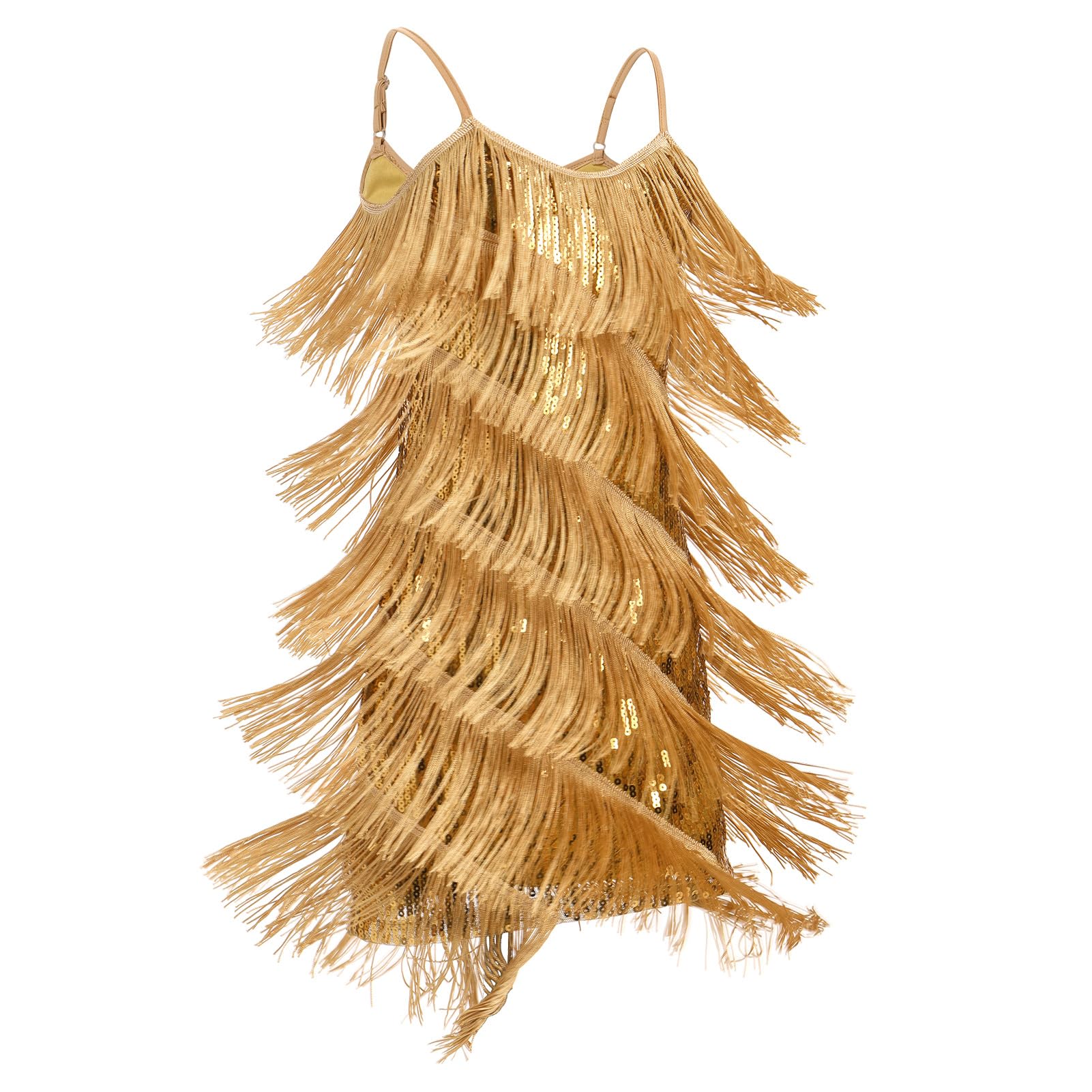 OMEWEE Vestito da bambina con paillettes nappa, abito latino, senza maniche, con spalline sottili, frange, con brillantini, ballroom, feste, balletto, rumba samba cha cha, jazz