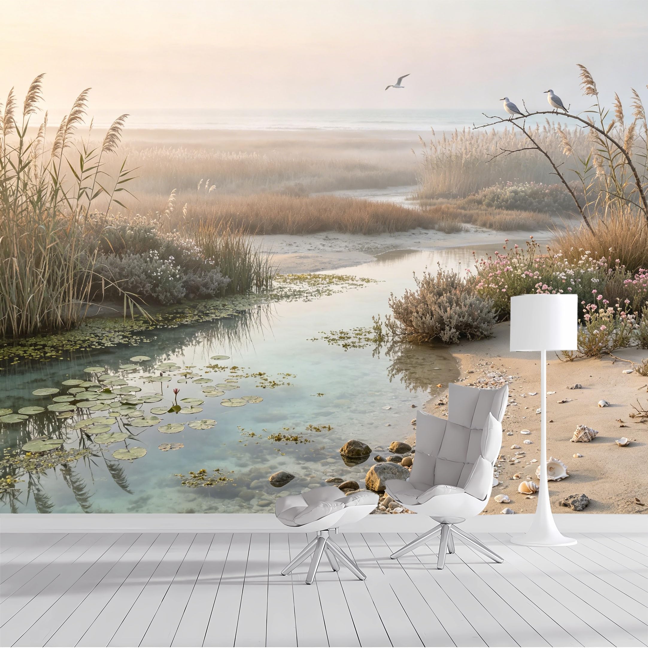 Custom Size Wall Mural Coastal Landscape Marsh Waterfowl Seascape SelfAdhesive Wall Fabric Removable Peel and Stick Wallpaper Wall Decor for Living Room Bedroom Bathroom
