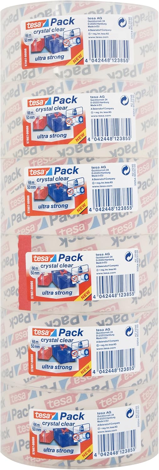 tesapack 57807 Crystal Clear Packing Tape for Packaging of Heavy Cartons and Parcels, 66 m x 50 mm - 6 Rolls