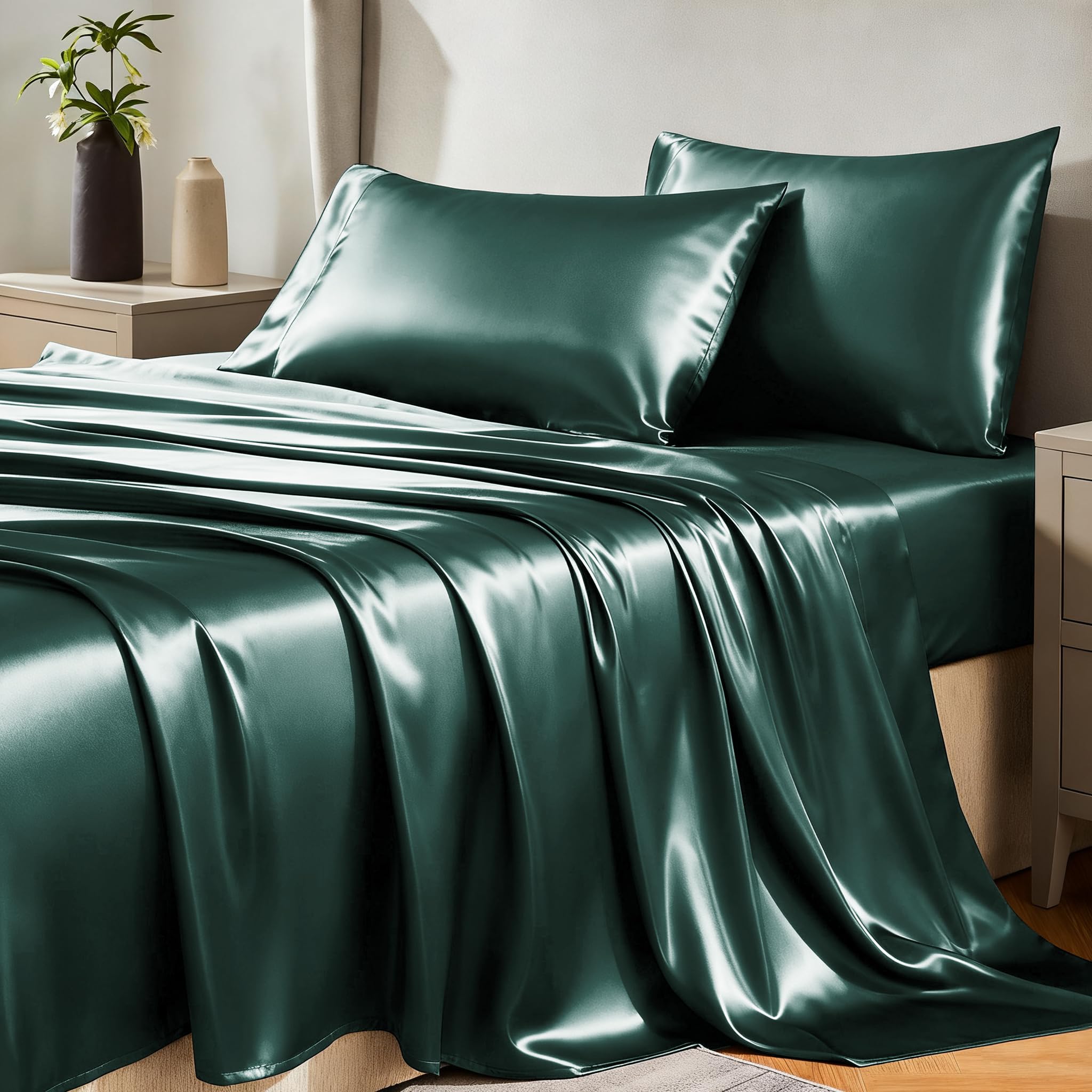 Photo 1 of CozyLux Satin Sheets Queen Size Bed Set - Silky Soft Bedding Similar to Silk, 4 Piece Sheet Set for Hair and Skin, Deep Pocket with All-Around Elastic, Home Decor for Bedroom, Deep Teal