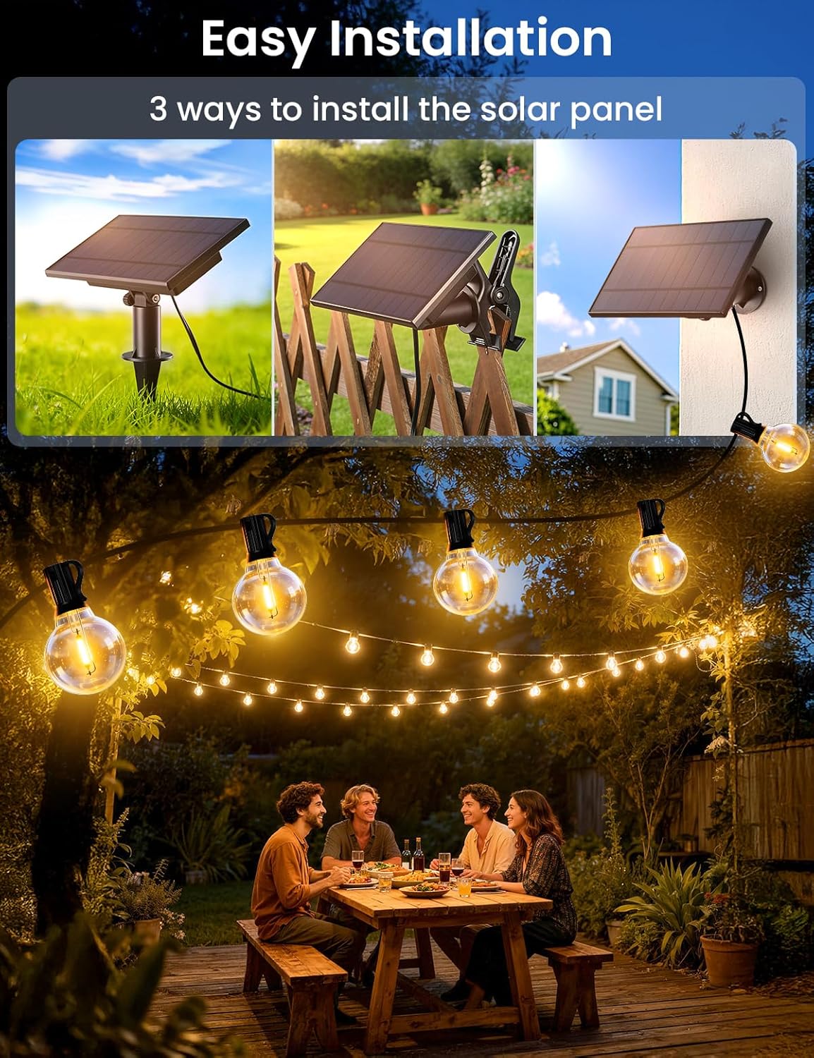 Brightever Solar String Lights Outdoor with Remote, 60FT 25+1 LED G40 Bulbs Shatterproof Patio Lights, IP65 Waterproof Dimmable Hanging Solar Power Globe LED Outdoor Lights for House, Market, Bistro