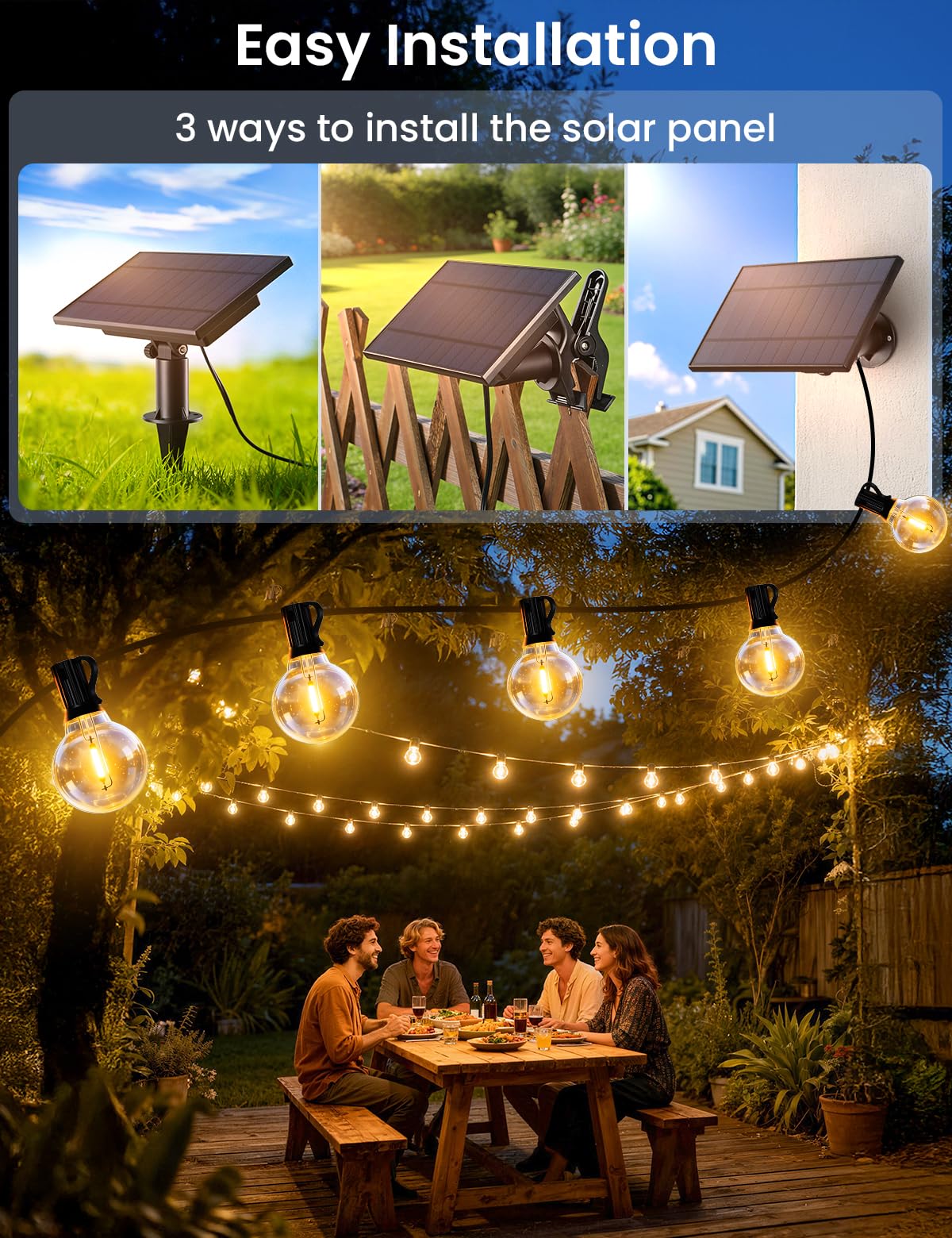 Brightever 30 m Solar-Lichterkette für den Außenbereich, mit Fernbedienung und 36 + 2 LEDs, bruchsicher, G40-Glühbirnen, dimmbar und zeitlos, 3 Beleuchtungsmodi, wasserdichte Solar-Außenleuchten für
