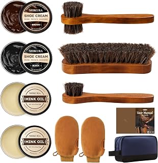 Shoe Polish Kit for Men Women, 11Pcs Shoe Shine Kits Include Mink Oil Conditioner, Black & Brown Cream, Horse Hair Brush, Polishing Mittens, Travel Bag, for Leather Boot Care, Birthday Gift Set