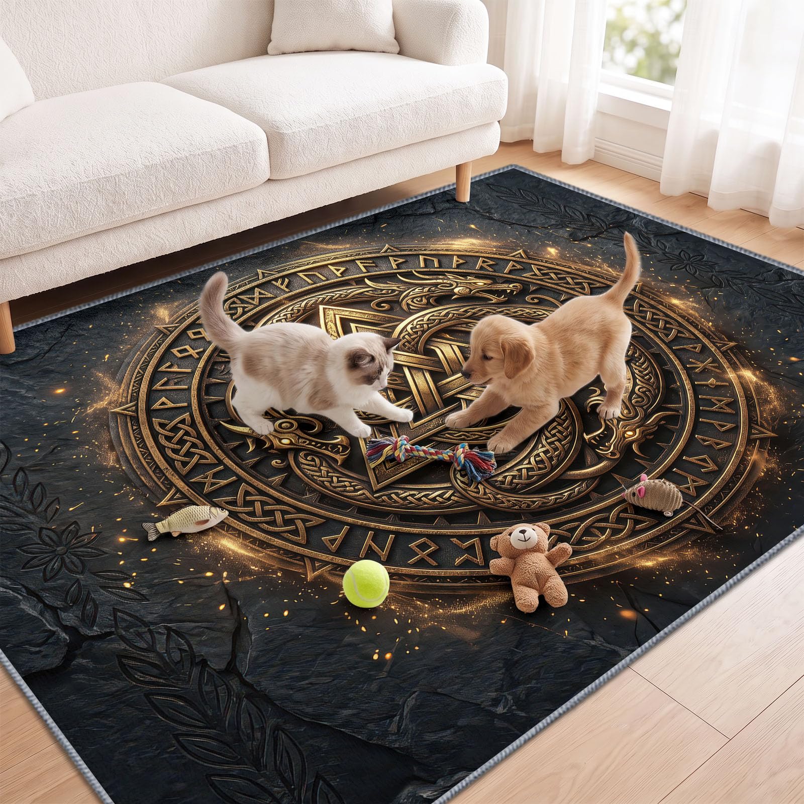 Générique Nordique Celtique Relief Tapis Poils Courts Résistant aux Griffures Animaux, Métal Badge Serpentin Bête-Dragon Tapis 120 x 170 cm Chambre Lavable et Antidérapant pour Bureau entrée Salon