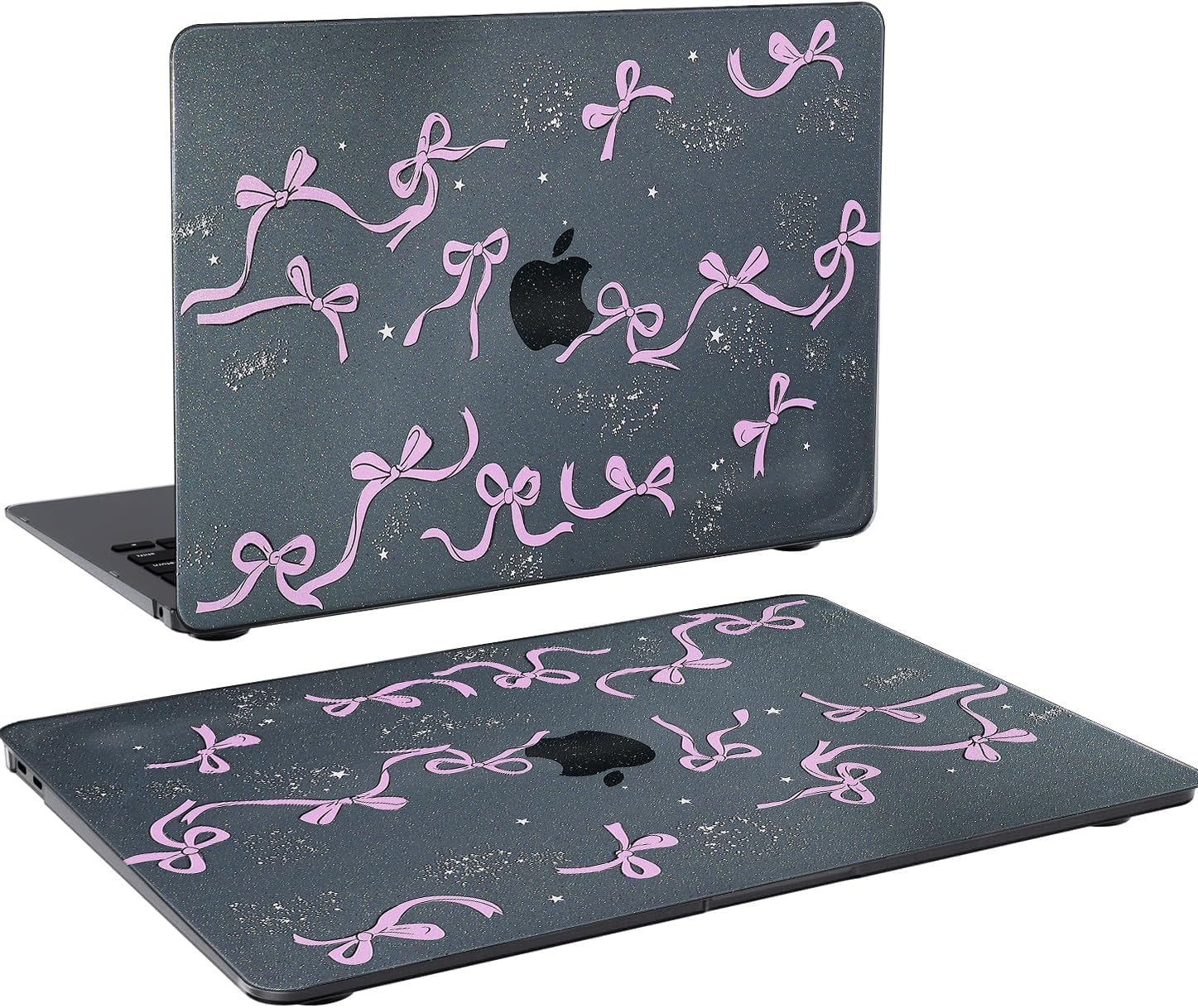 Black Glitter Bows Case Compatible for MacBook Pro 13 Inch 2025-2016 M2 M1 A2338 A2289 A2251 A2159 A1989 A1706 A1708, Cute Girly Y2K Aesthetic Plastic Hardshell & Keyboard Cover, Pink Bows
