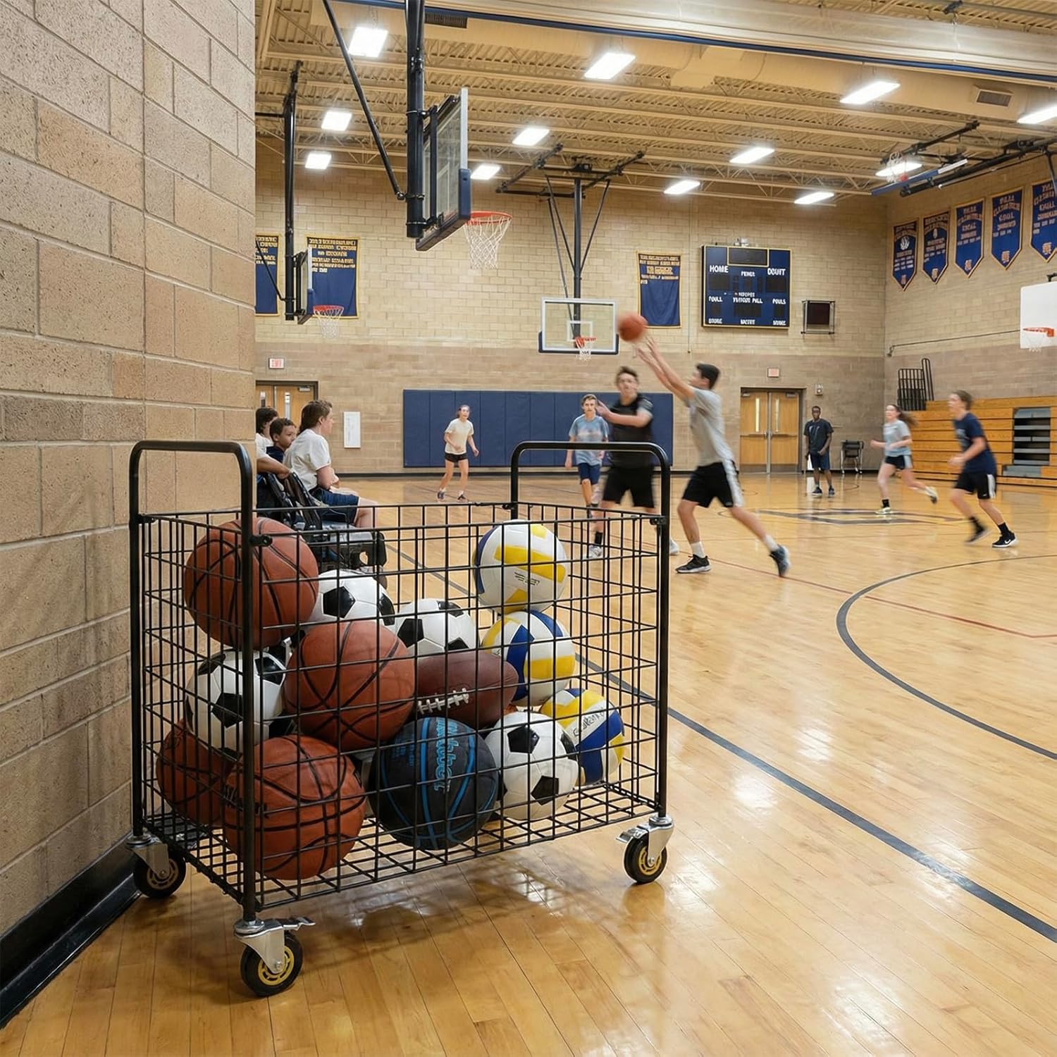 MyGift Professional Gym Metal Multi Sports Ball Storage Cart with Jumbo Industrial Wheels, Commercial Grade Portable Equipment Locker Cage for Basketball, Football, Soccer, Volleyball