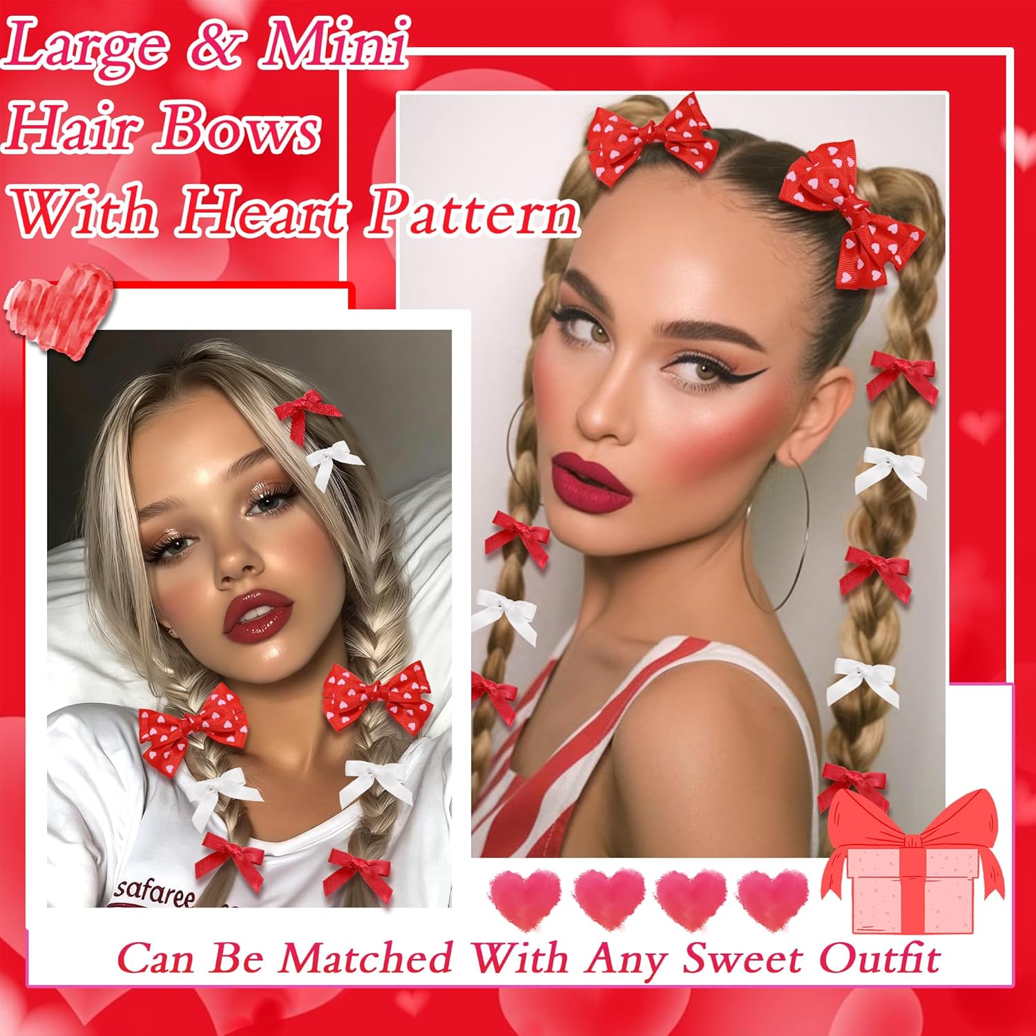 12PCS Valentines Heart Hair Bows Small Red Pink Silk Satin Bows Clips White Mini Bow Hair Clips Cute Bowknot Hair Barrettes for Teen Girls Women Decor Party Date - Image 4