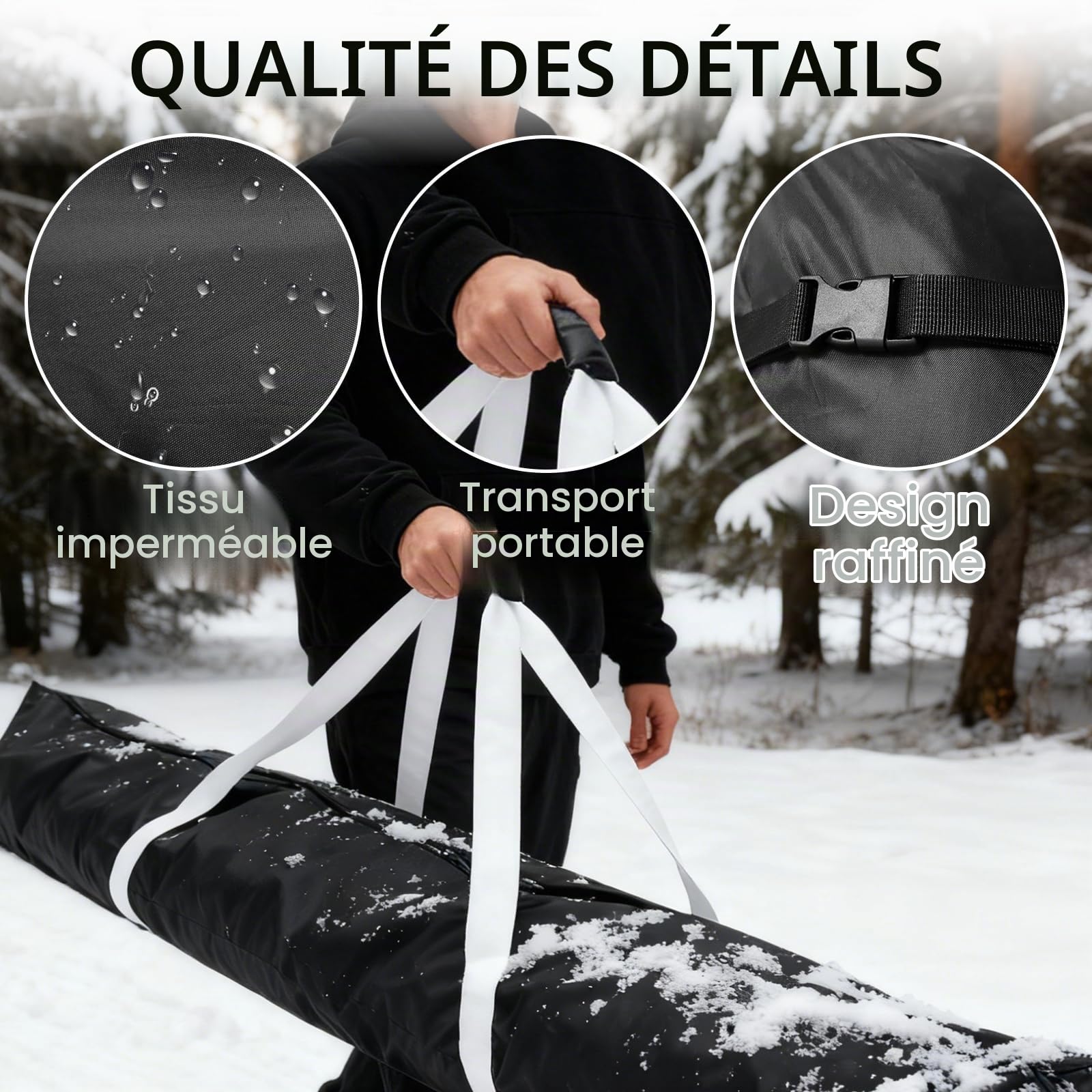 Sac de ski robuste pour 1 paire de skis, snowboard, 185 x 33 cm