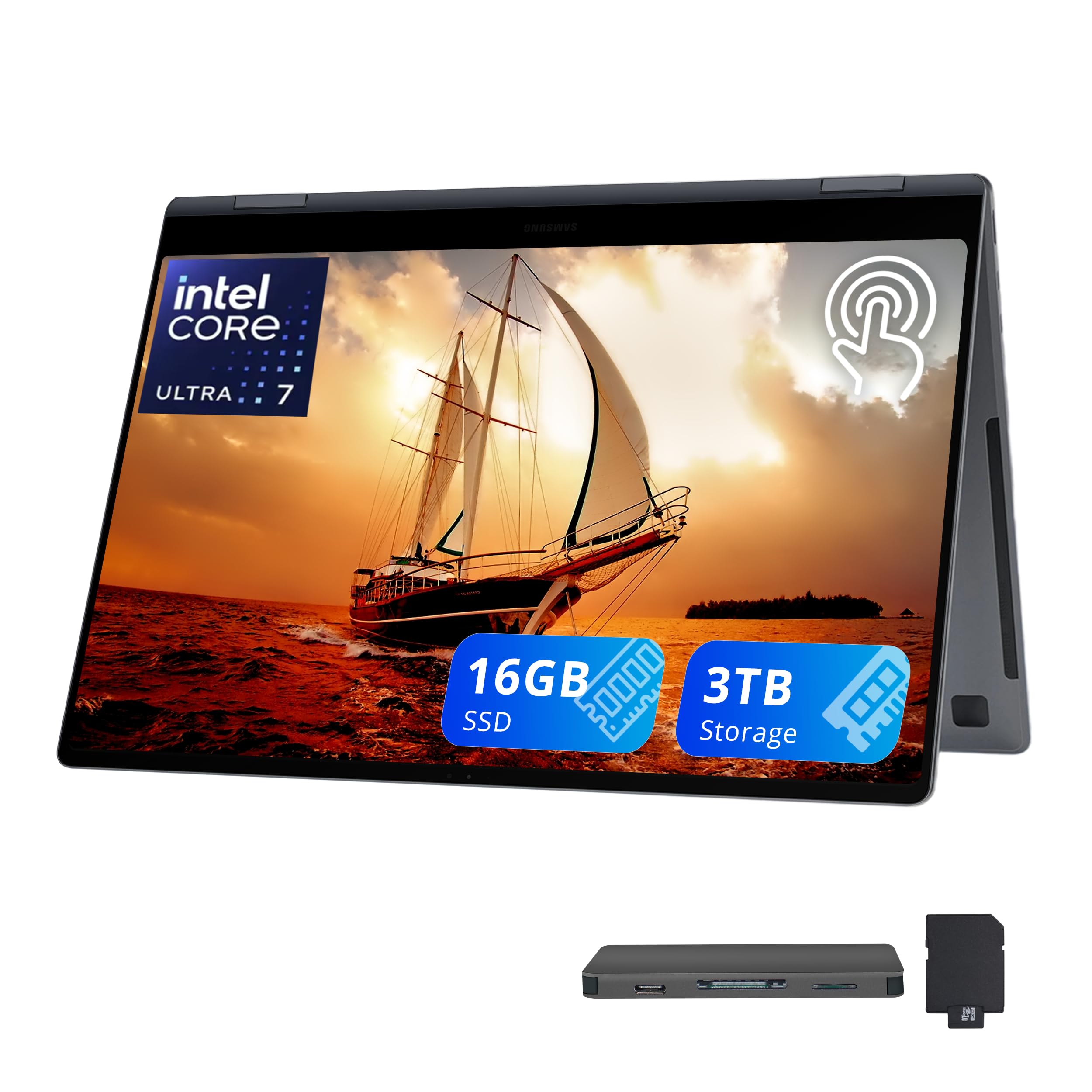 Samsung Galaxy Book4 Pro 360 Laptop, 16" AMOLED Touchscreen, Intel Ultra 7 155H, 16GB LPDDR5X, 3TB Storage(2TB SSD+1TB Docking Station Set), Backlit Keyboard, Fingerprint, Copilot AI, Win 11, Gray