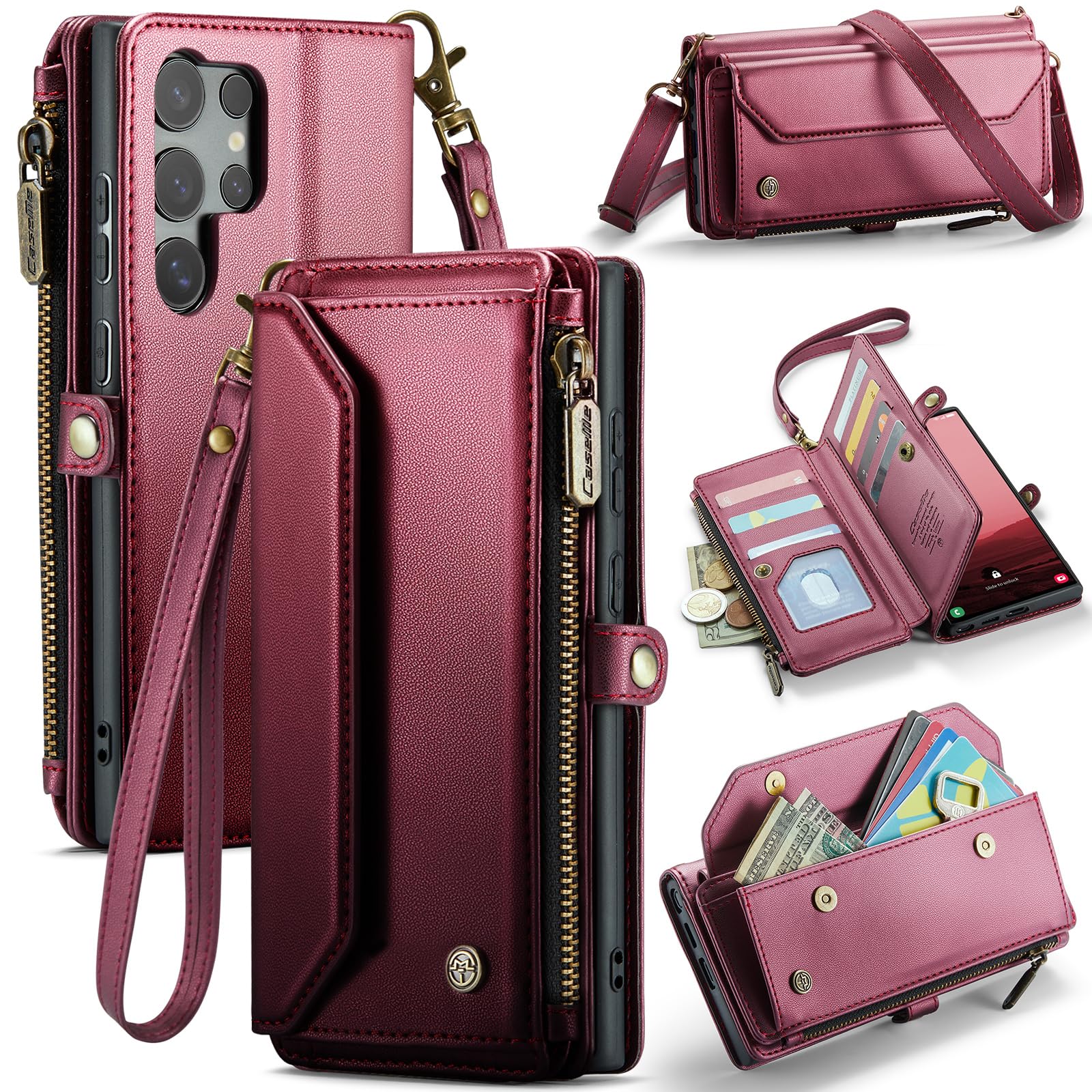 Funda tipo cartera para Google Pixel 11/11 Pro, funda de piel con cremallera, correa de muñeca desmontable y correa para el hombro