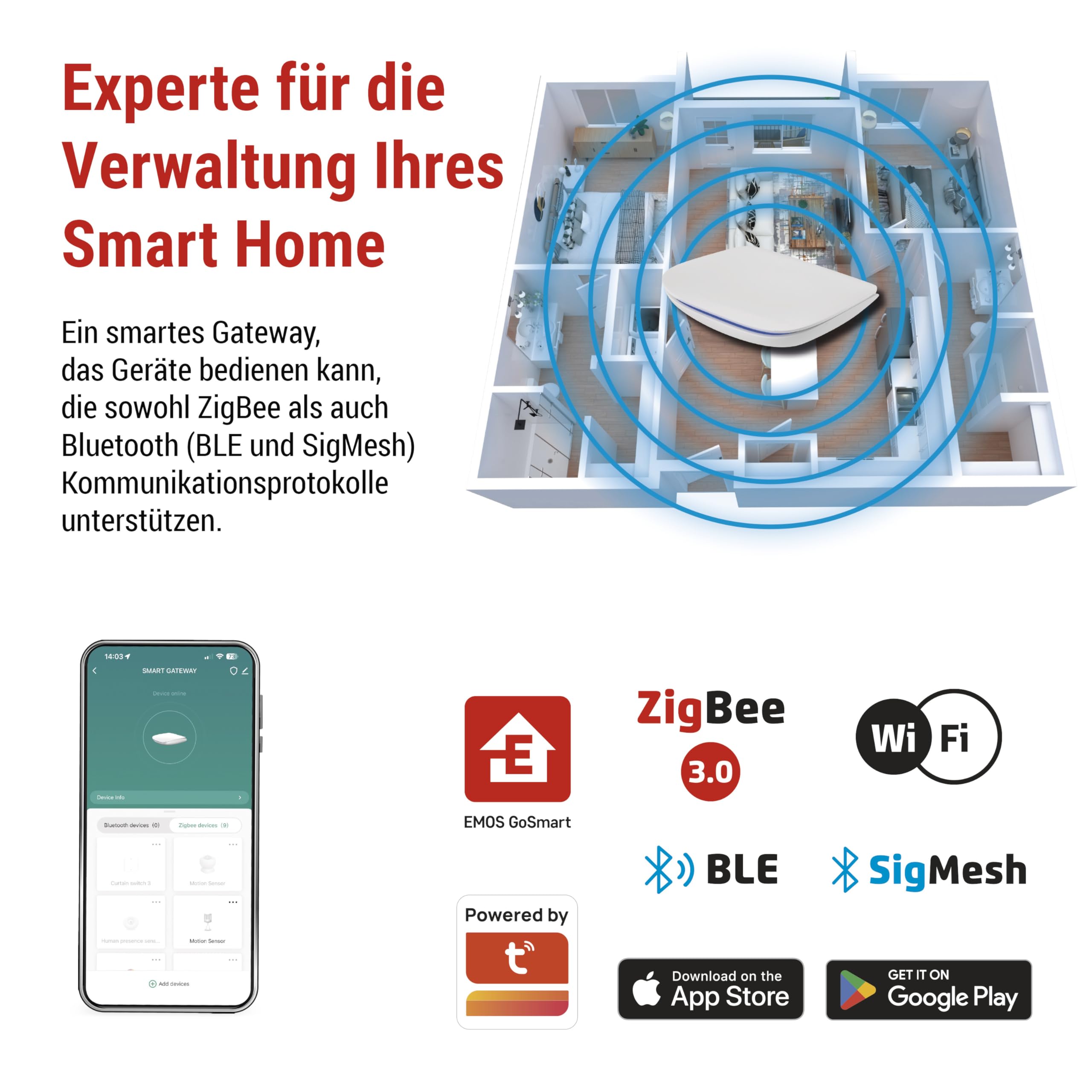 EMOS GoSmart - ZigBee Gateway IP-2000Z per un massimo di 128 dispositivi intelligenti ZigBee - Smart Home Hub compatibile con Tuya, Smart Life, Lidl, supporta Bluetooth, WiFi 2,4 GHz - Bianco