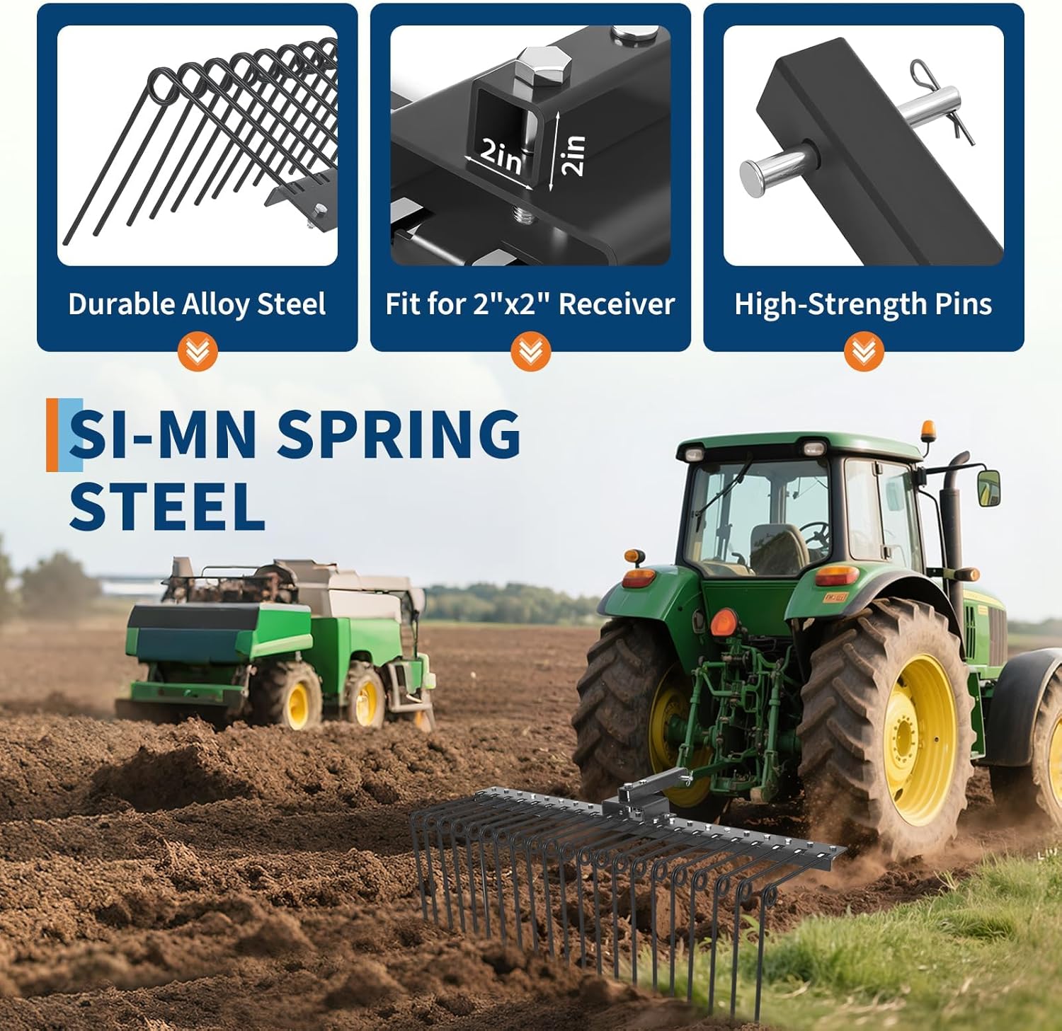 Tow Behind Landscape Rake, 60" Tow Dethatcher with 21 Steel Tines, Lawn Dethatcher Rake Attaches to Category 1, 3 Point Hitch for Tractor, for Leaves, Pine Needles, Straw, and Grass