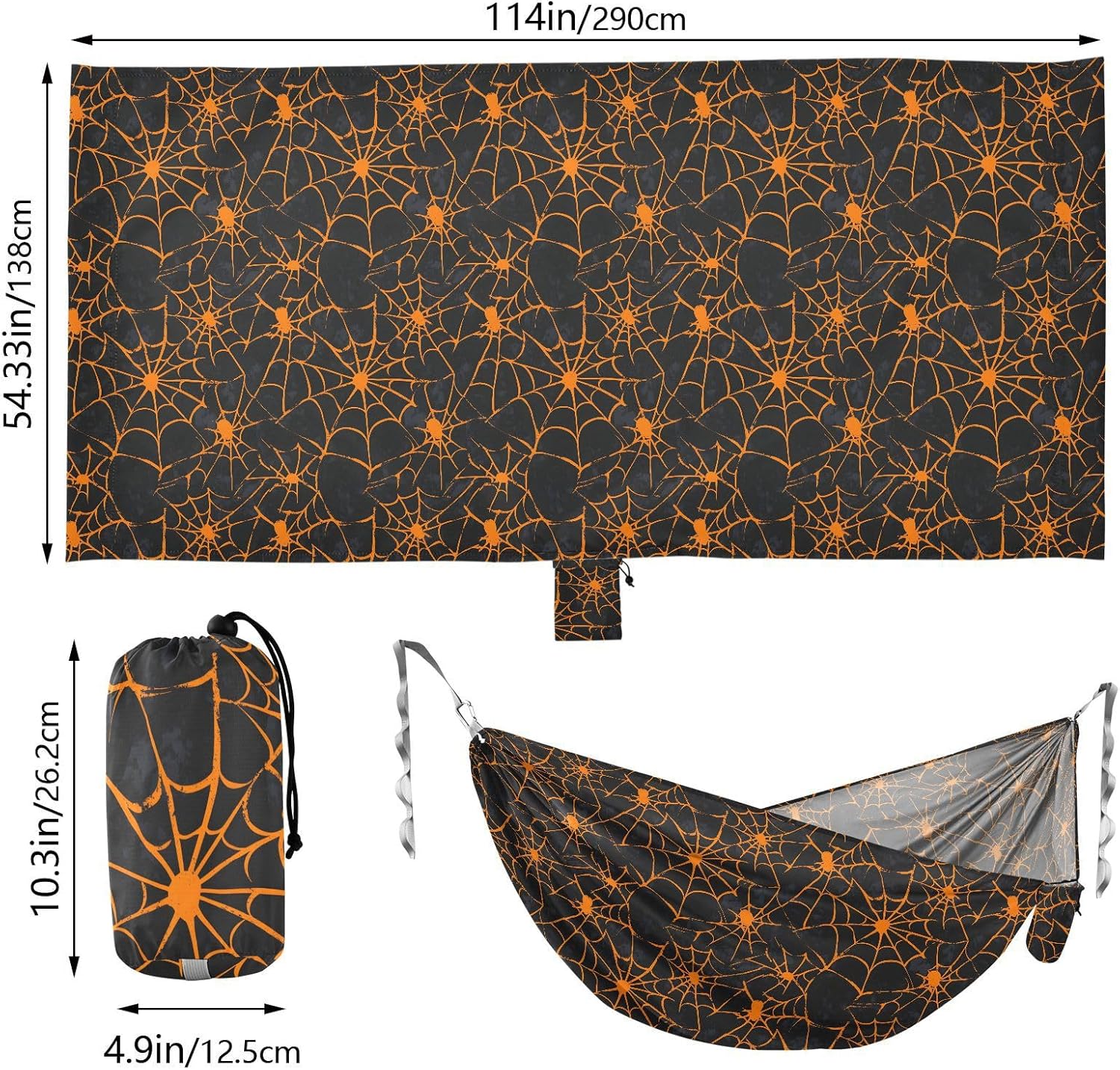 ALAZA Yellow Spider Web Halloween Camping Hammocks Single or 2 Person 500 lbs Portable Parachute Travel Hammock w/Tree Straps for Hiking Backpacking Indoor Outdoor