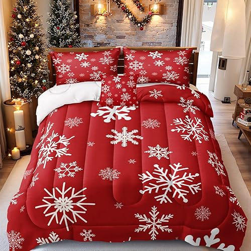 Miniatura 2 de Juego de edredón navideño con copo de nieve, juego de edredón impreso en blanco y rojo, juego de ropa de cama navideña con diseño festivo de