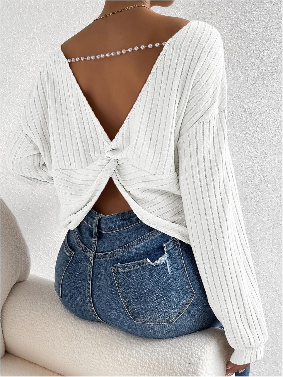 MakeMeChic Women's Open Back Tops Long Sleeve Shirts Criss Cross Sweaters V Neck Knit Pullover - Image 5