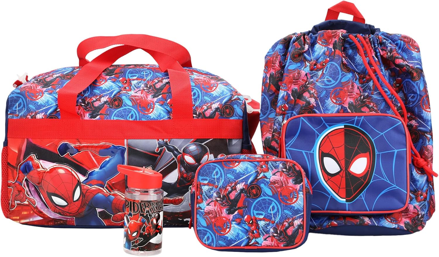 Bioworld Spider-Man 4-Piece Duffel, Drawstring Backpack, Water Bottle and Utility Case Blue Youth Duffle Bag Set