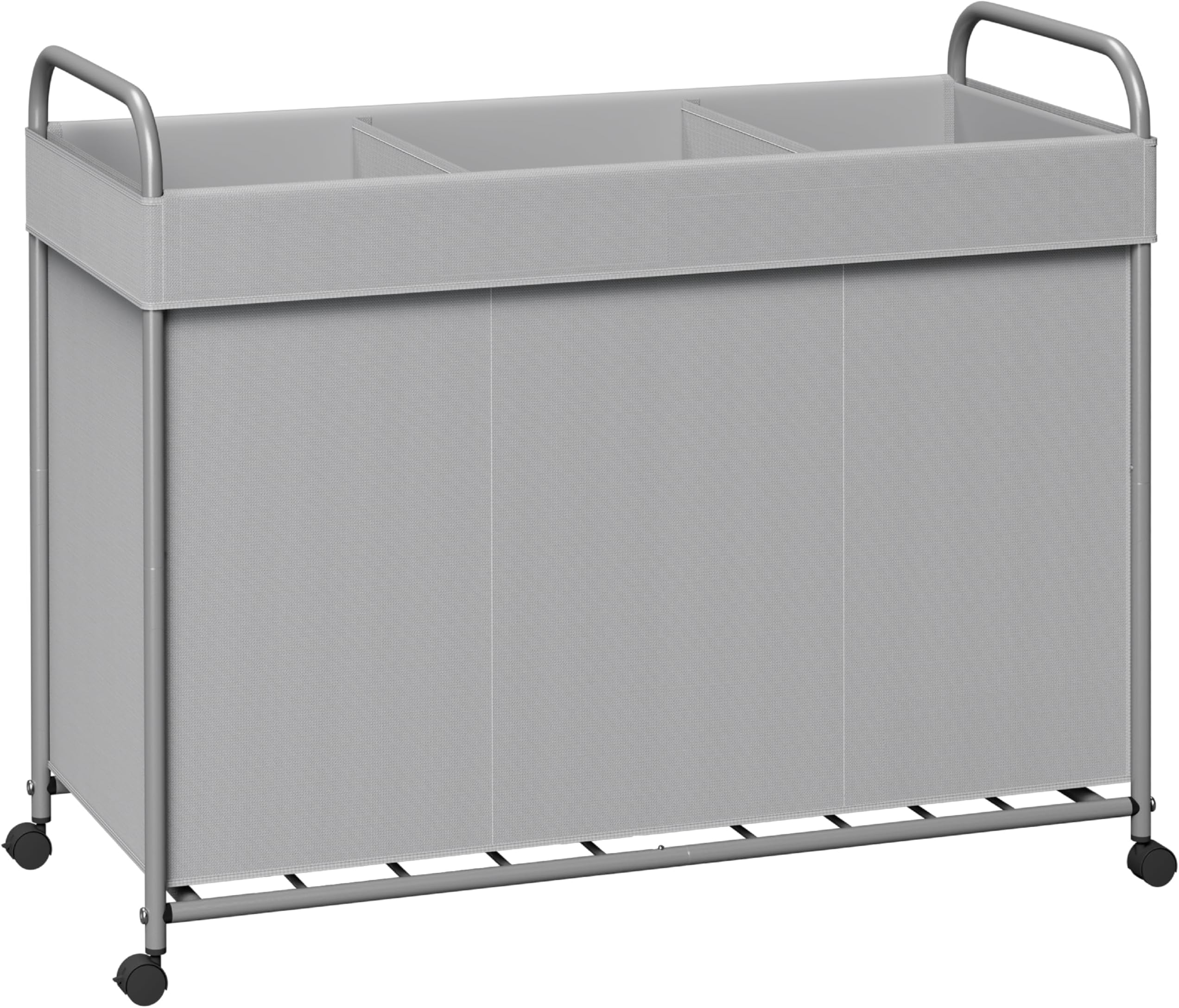 CASAMAYA Laundry Basket with Wheels, 3-Section Rolling Laundry Hamper, Laundry Sorter with Removable Liner, Steel Frame with Handle, 29.1 x 13 x 25.2 Inches, Grey, LHC150G01