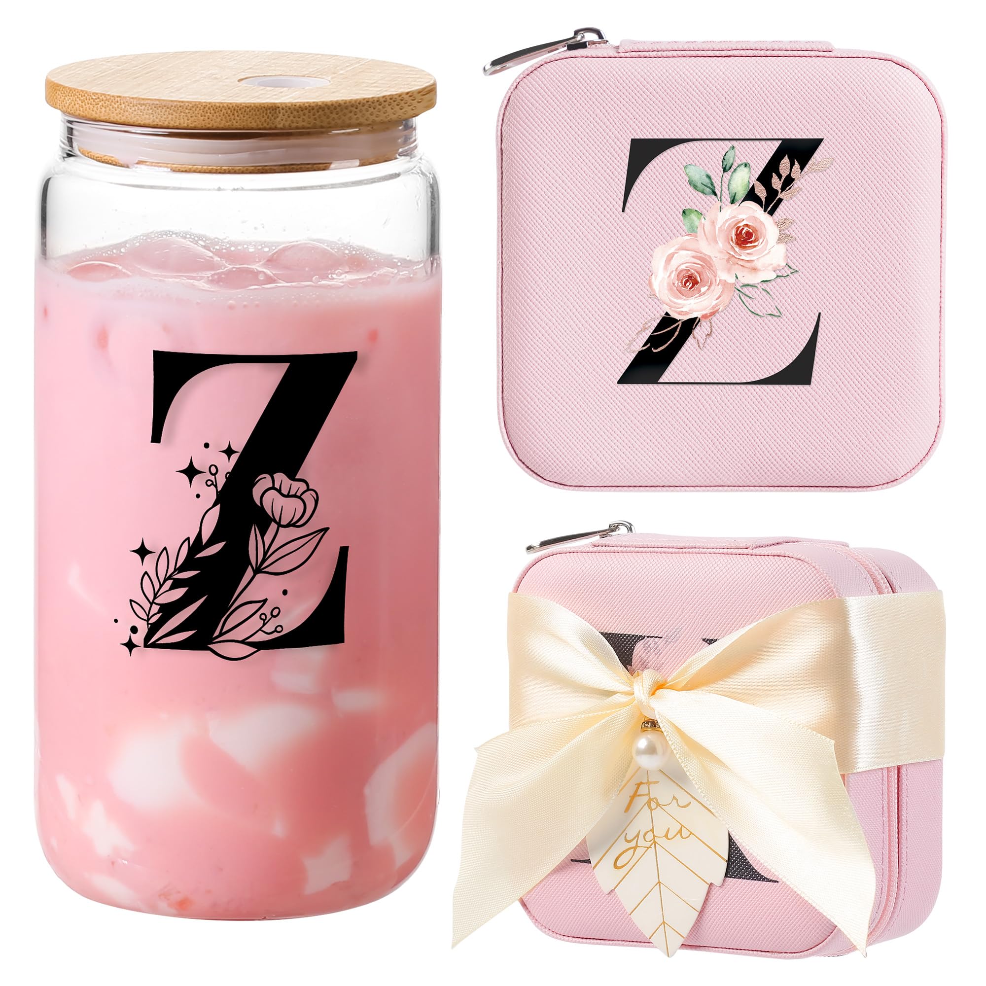 AYGXU glass cups with lids and straws,Tumblers with Brushes,Small Jewelry Organizer Box,Birthday Gifts for Women,Travel Gifts for Girls,high school graduation gifts for her,Initial Z pink