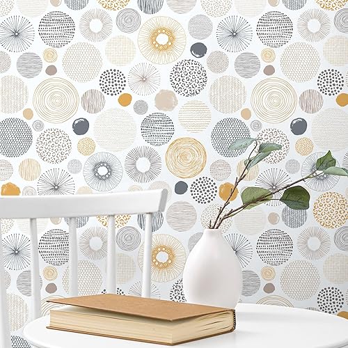 Miniatura 3 de VEELIKE Papel tapiz geométrico bohemio con círculos abstractos, para despegar y pegar, para dormitorio, cuarto de bebé, baño, 17.7 x 118 pulgadas,