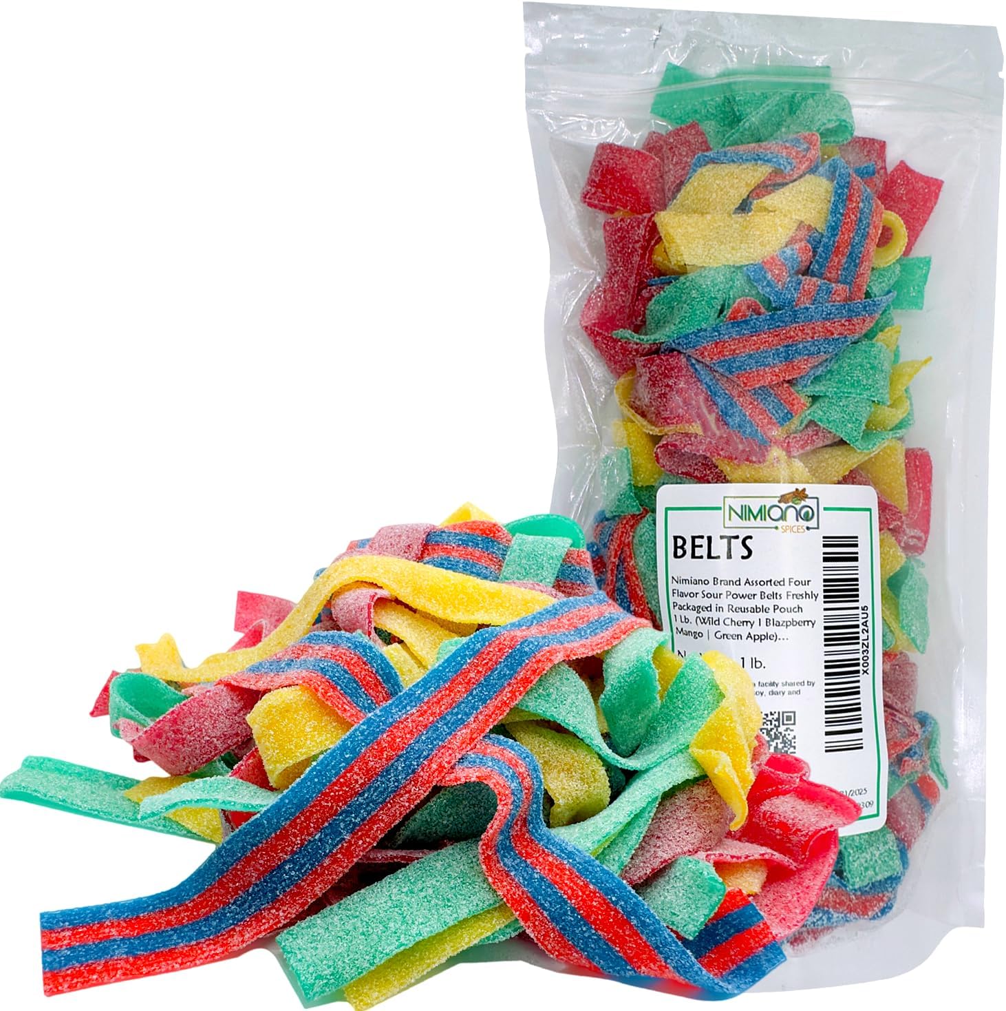 Dorval Assorted Four Flavor Sour Power Belts Gummi Candies | Wild Cherry, Blazpberry, Mango & Green Apple | Vegan, Non-GMO, Gelatin Free | 1 Lb.
