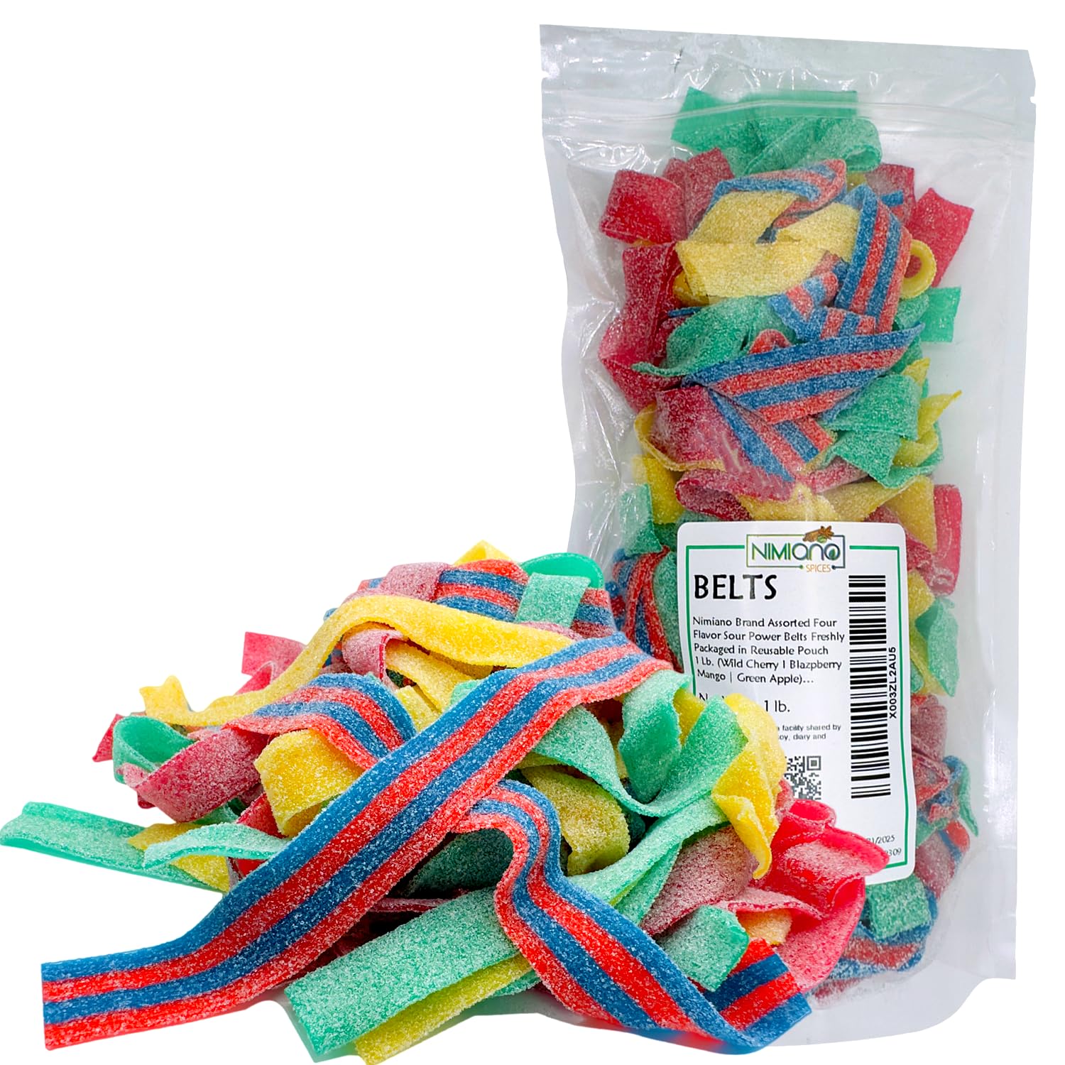 Dorval Assorted Four Flavor Sour Power Belts Gummi Candies | Wild Cherry, Blazpberry, Mango & Green Apple | Vegan, Non-GMO, Gelatin Free | 1 Lb.