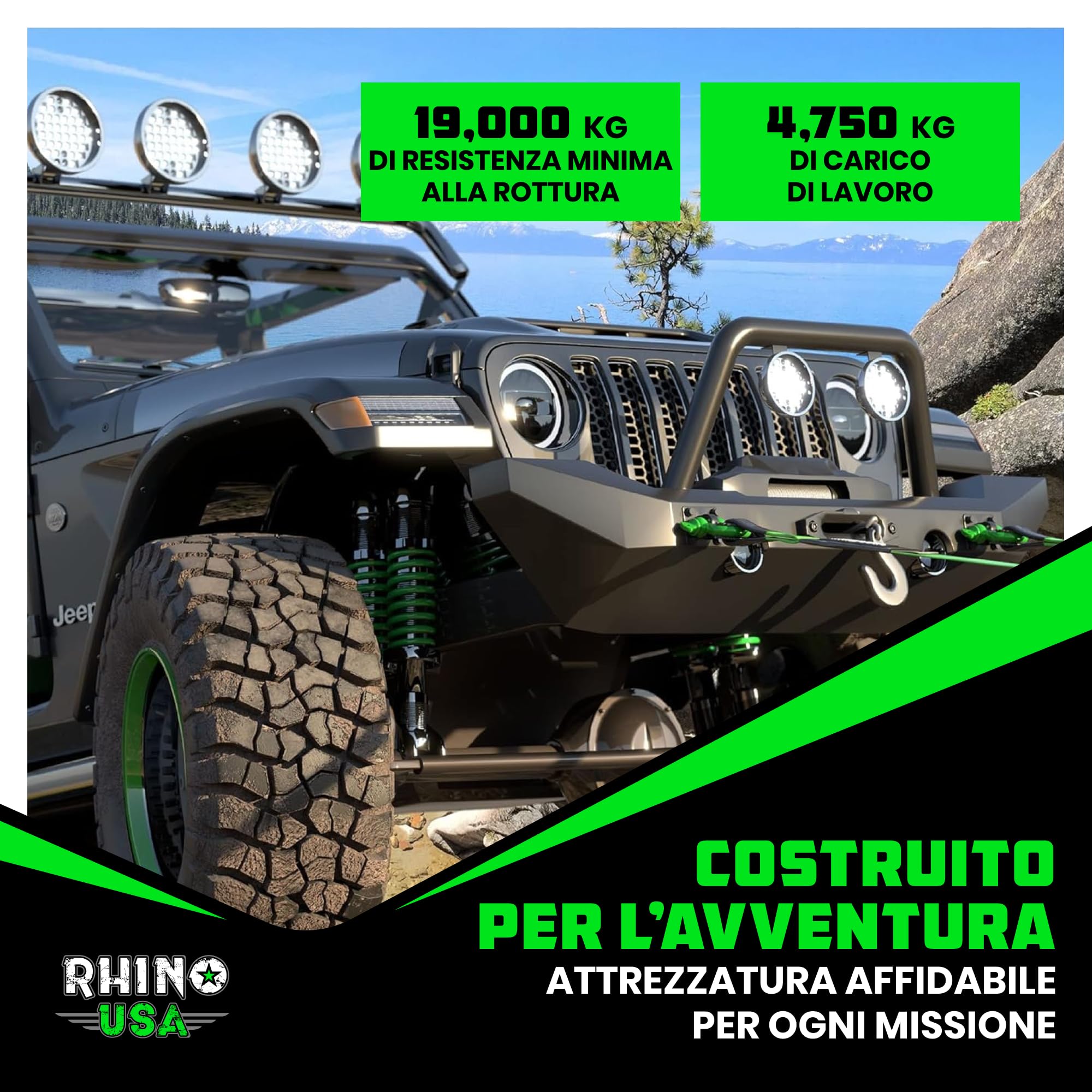 Rhino USA D-Ring Clevis (2 Pezzi) – Resistenza alla Rottura di 18.983 kg - D Annello 1,9 cm con Pin da 2,2 cm per Rimorchio e Uso Off-Road - Coppie con Cinghia di Recupero per Veicoli (Verde)