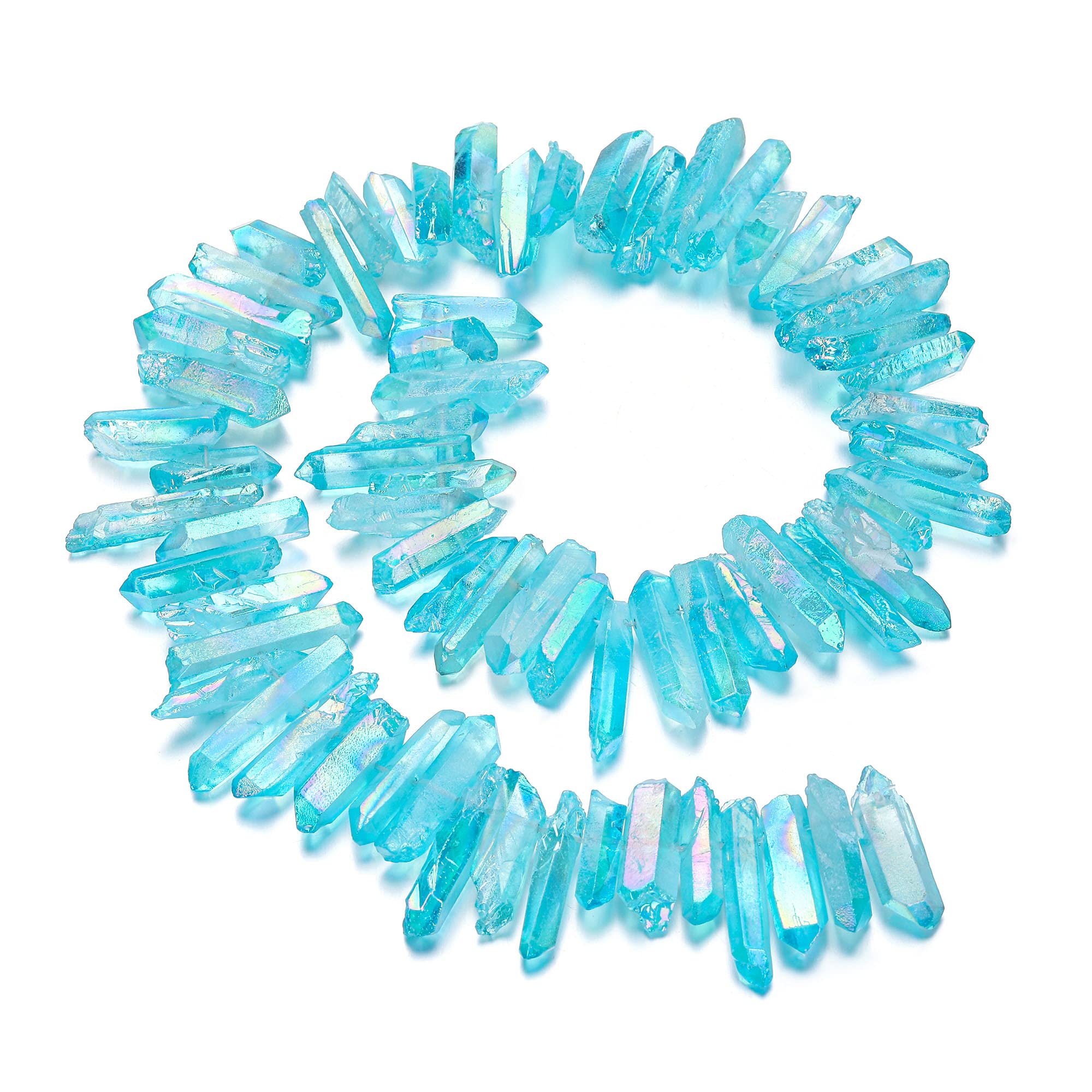 Top Plaza Rough Irregular Aura Crystals Stone Points Sticks Shard Loose Beads for Crafts Jewelry Making Natural Raw Rock Bulk Crushed Titanium Coated Quartz Points 16" Strand - Sky Blue