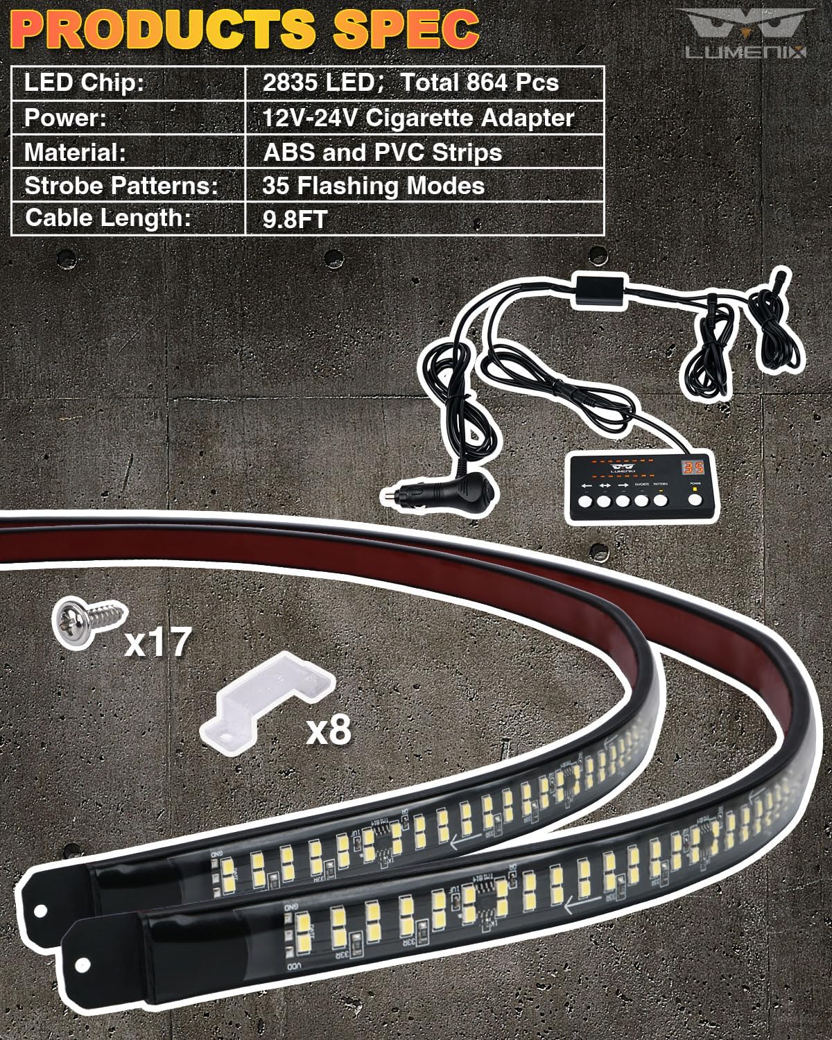 LUMENIX 2PCS 70 Inch Emergency Strobe Lights Strip LED Running Board Flexible Lights Bar Flashing Warning Hazard Safety Side Light for Construction Vehicles Tow Work Trucks Pickups - White Amber