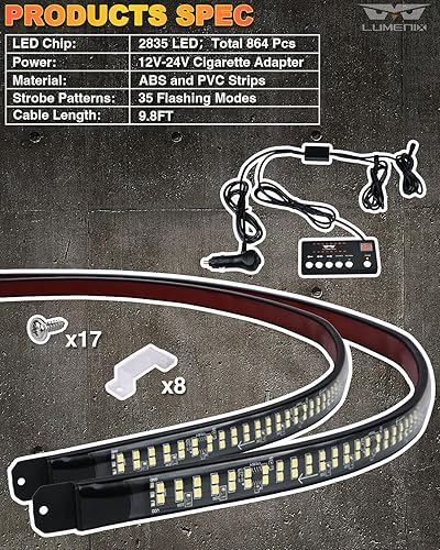 Miniatura 8 de LUMENIX 2 tiras de luces estroboscópicas de emergencia de 70 pulgadas, color ámbar blanco, luces LED flexibles, barra de luces intermitentes,