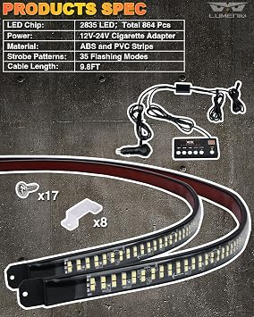 LUMENIX - 2pcs 70 inch Emergency Strobe Light Strips, Flexible LED Lights, Flashing Bar, Hazard Warning, Construction Vehicle Safety Side Light,