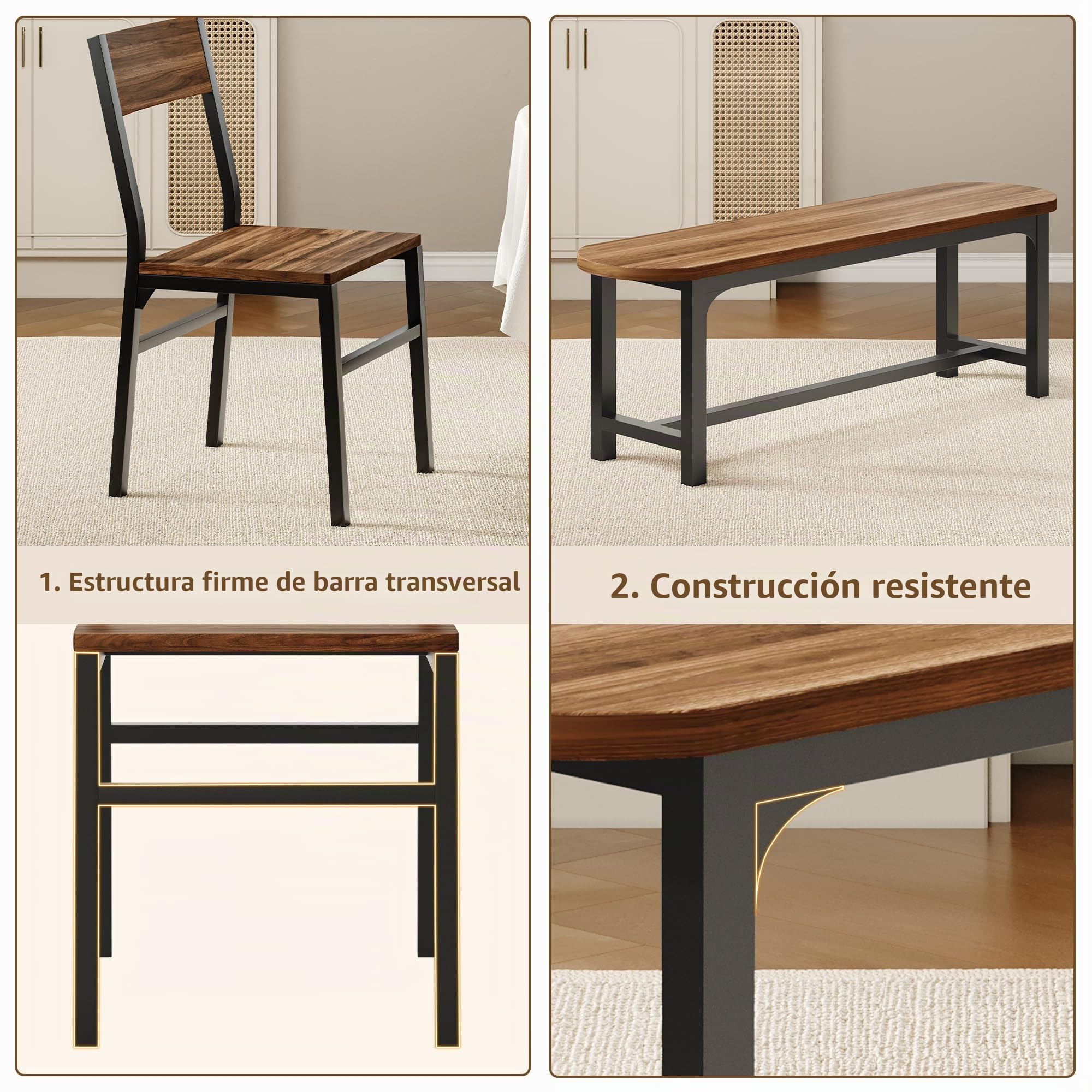 FEONASE Sillas de Comedor Pack 4, 2 Sillas Ergonómicas y 2 Bancos, MDF y Estructura Metálica, Sillas de Cocina para Hogar, Apartamento o Espacios Reducidos, Color Nogal