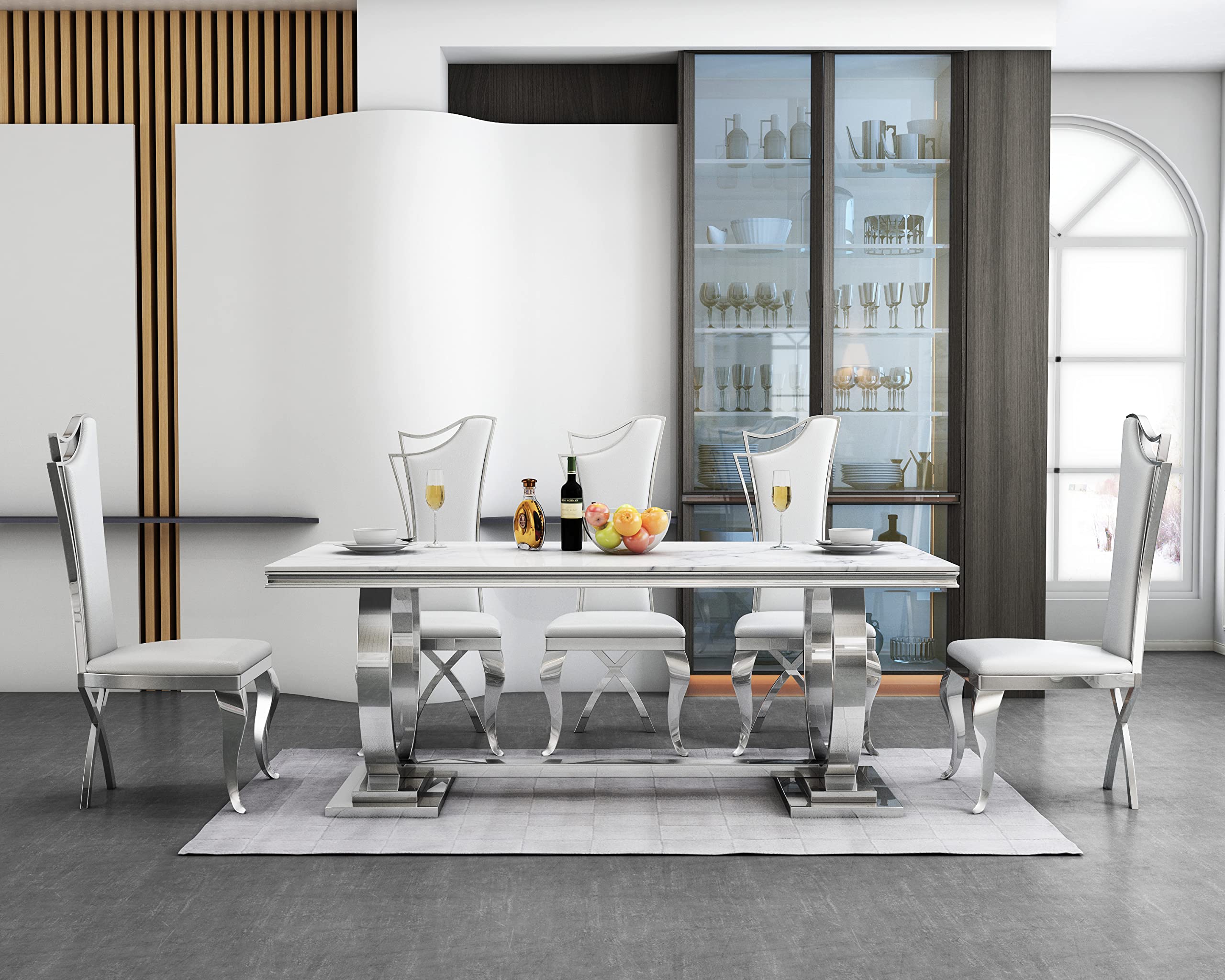 Modern White Silver Faux Marble Dining Table with Double U-Shape Stainless Steel Base, Rectangular Faux Marble Kitchen Table for Dining Room (White)