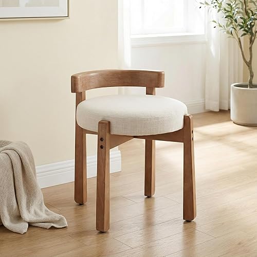 Miniatura 9 de DUOMAY Otomana moderna de lino, otomana tapizada de maquillaje con respaldo bajo con patas de madera maciza, lindo reposapiés redondo, sillas de