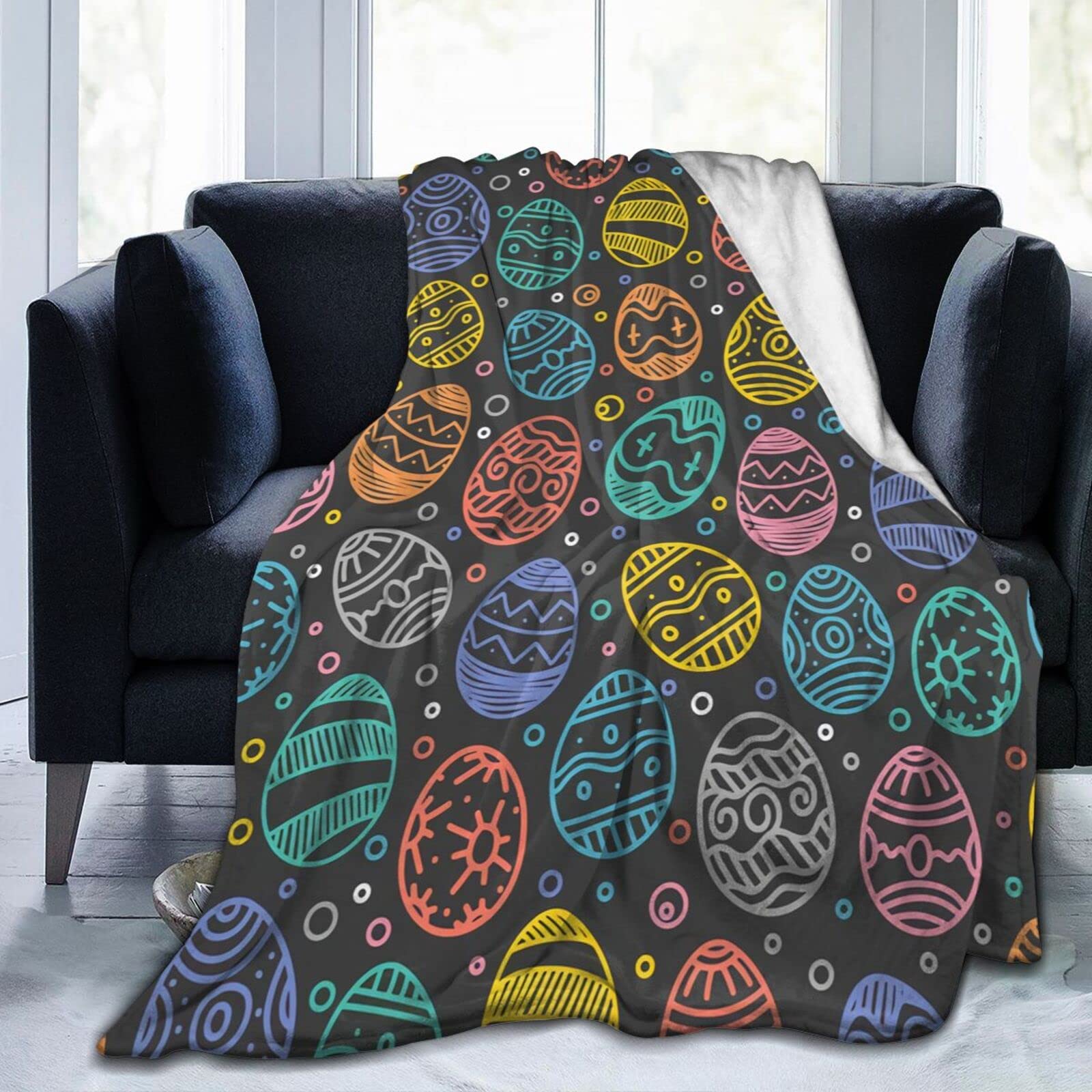 Lsjuee Doodle Easter Eggs Throw Blanket Warm Cozy Lightweight Blankets Easter Gift Flannel Blanket for Sofa Couch Bed Office Holiday Decorative 80"X60"