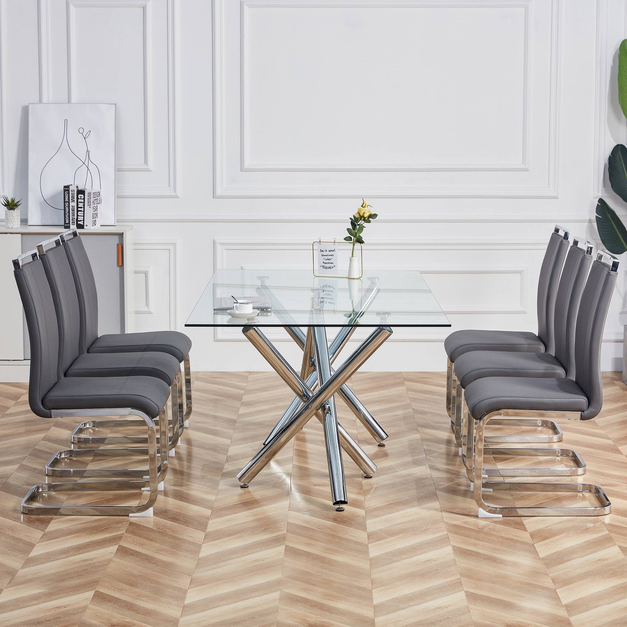 Merax Juego de 4 sillas de Comedor con Piel sintética de Poliuretano y Respaldo Alto, Estructura de Metal Cromado, Silla de Cocina Moderna, Silla tapizada para salón, Sala de conferencias, Gris