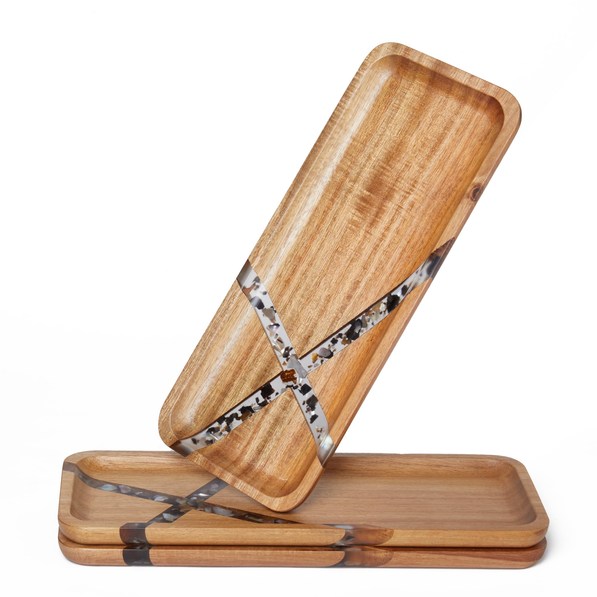 Anyvape Acacia Wood Serving Trays with Resin Inlay – 3-Piece Wooden Charcuterie Boards Set for Cheese, Fruit, Appetizers, Durable Kitchen Platters & Home Decor (14 x 5.5 x 0.78 Inches)