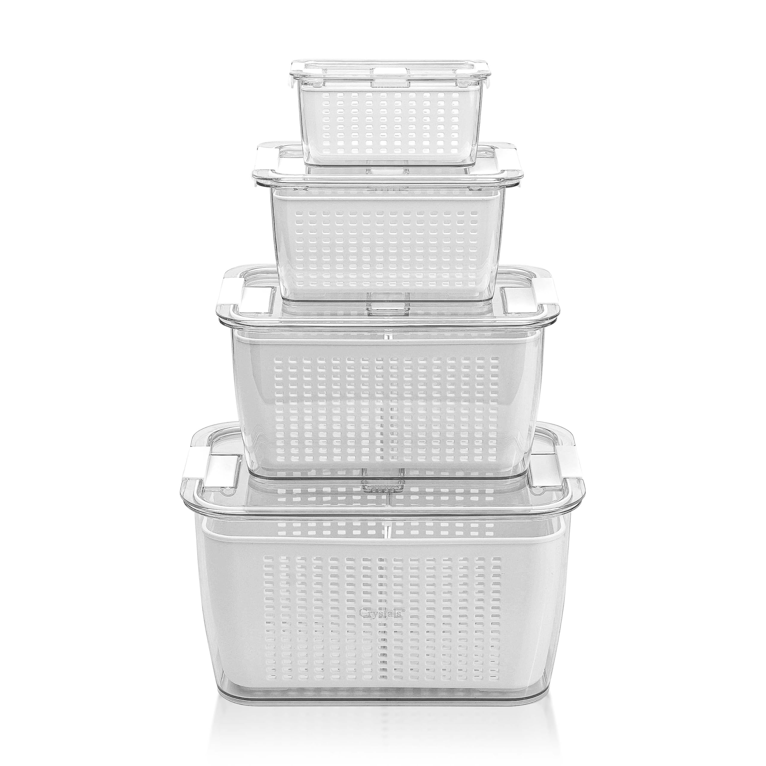 Crystals White Fridge Organiser Storage Box Set Of 4 – Stackable, Bpa-Free Transparent Containers With Drain Tray & Air Vents For Kitchen, Pantry & Refrigerator (White)
