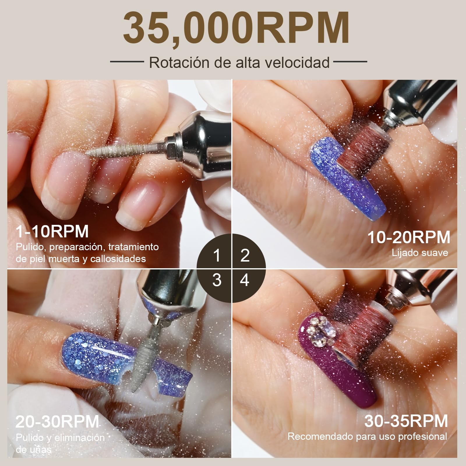 Torno para Uñas 35000RPM para Uñas de Gel, Taladro Eléctrico Recargable con Pantalla LED, Portátil, Bajo Ruido, Kit Profesional para Manicura y Pedicura para Hogar y Salón, 48W, Rosa