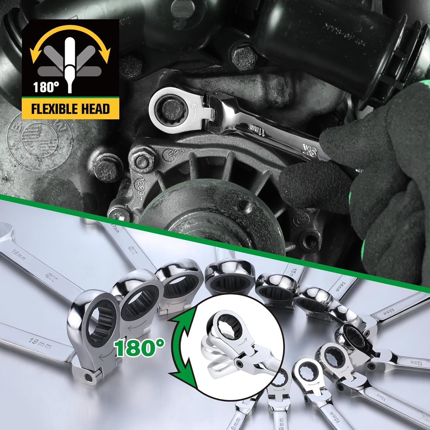 SK Flex-Head Ratcheting Wrench Set, Combination Wrench Set, 12-Piece, Metric 8 to 19mm, 72-Tooth, Premium CR-V Construction, with Rack Organizer
