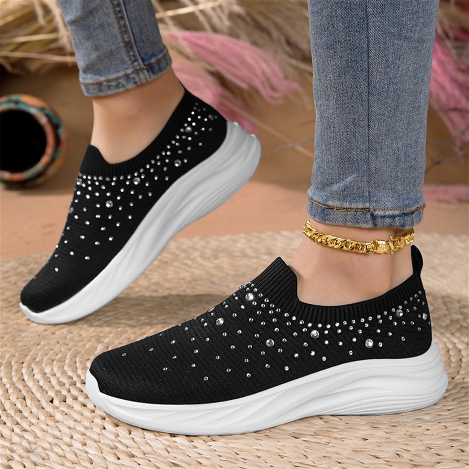 Damskie buty sportowe Y2K Sparkly Slip on Stretch, dzianinowe skarpety trampki z detalami ze strasu, na wieczorne spacery i spacery po mieście
