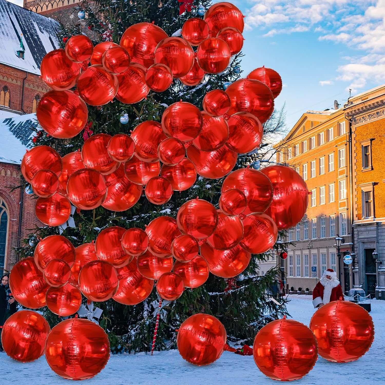 150 Pcs Giant Red Christmas Foil Balloon 10'' 15'' 18'' 22'' 32'' 4d Mirror Sphere Metallic Balloon with 66 ft Iron Wire for Christmas Tree Living Room Outdoor Lawn Yard Fence New Year Decor