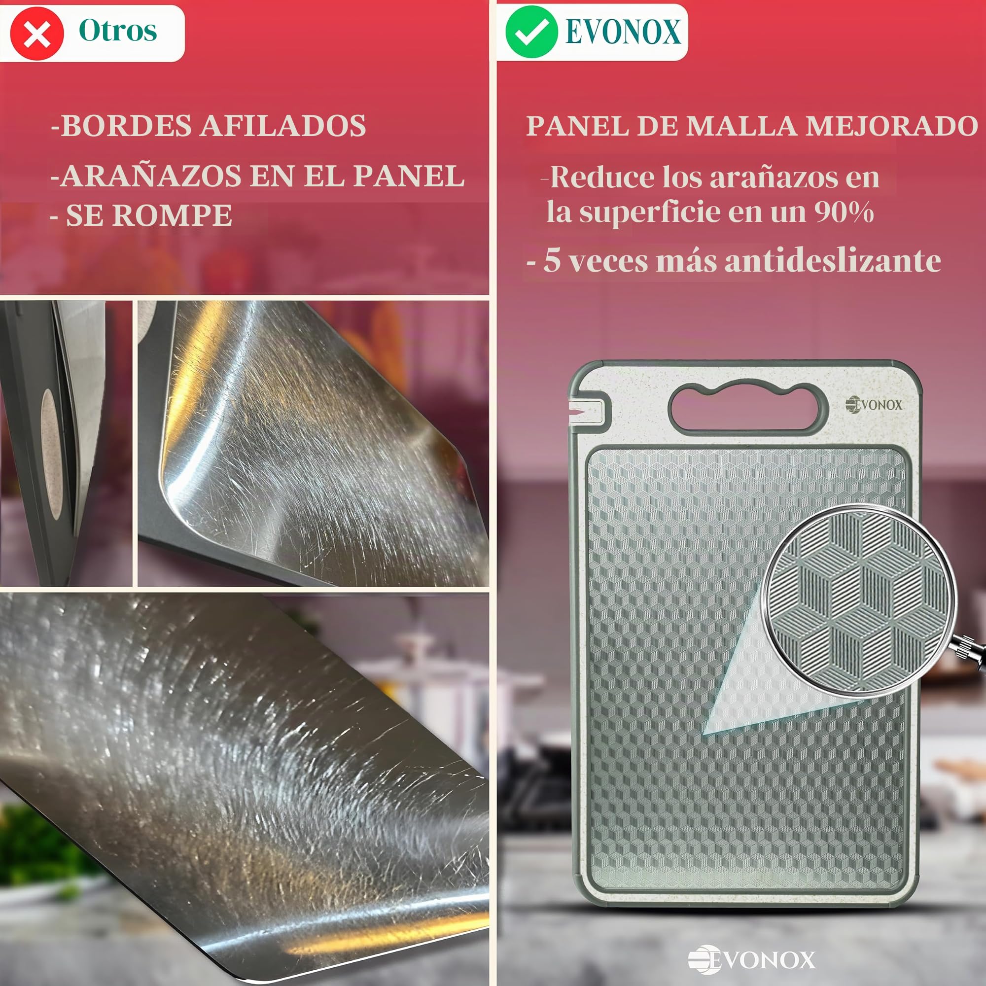 EVONOX Tablas de cortar de acero inoxidable para cocina, de doble cara, ligeras, aptas para lavavajillas, fáciles de limpiar, no tóxicas, bordes antideslizantes, tabla de cortar grande de paja de