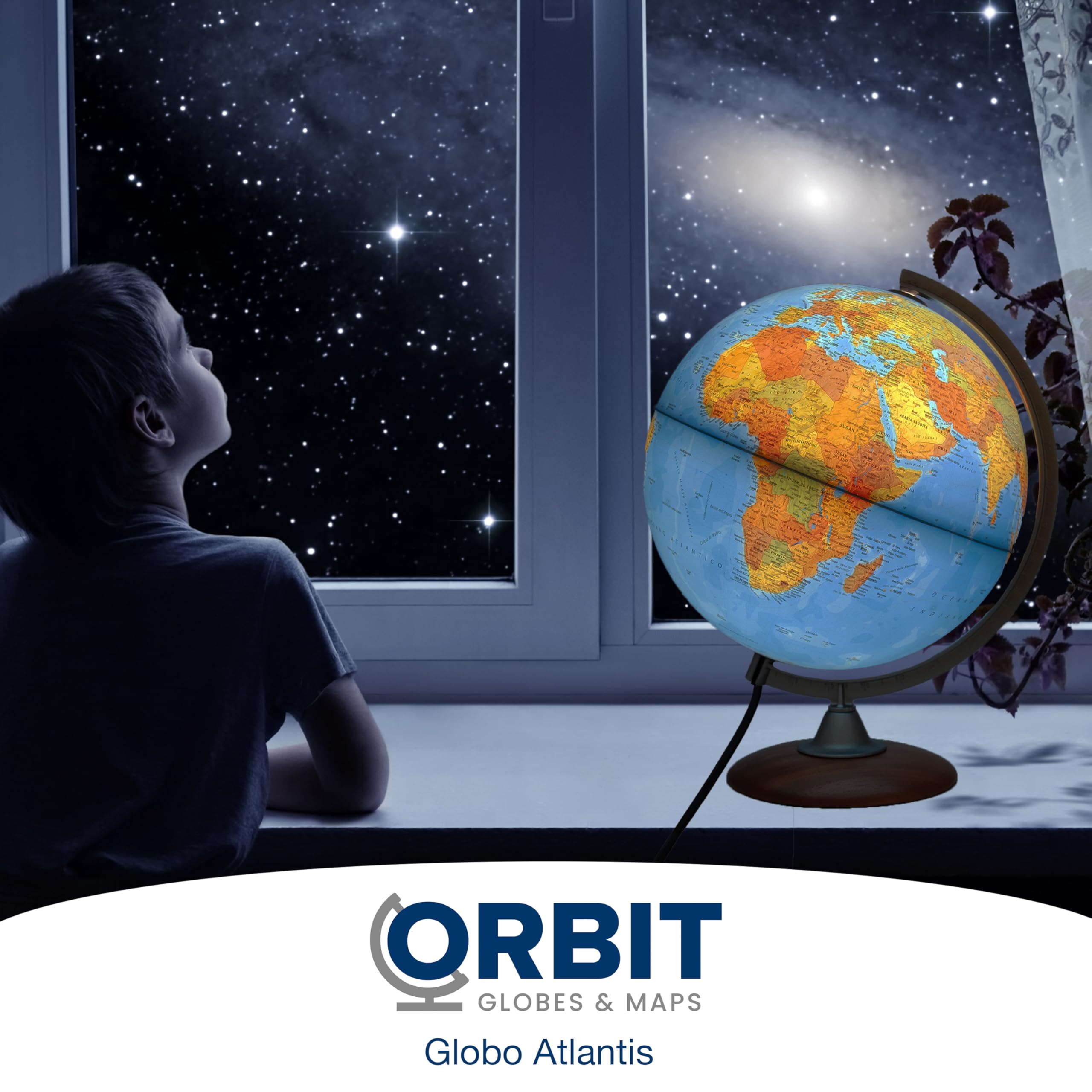 ORBIT GLOBES & MAPS Globo Luminoso, mappamondo, cartografia a Doppia Effetto, Fisica e Politica, Italiano, con Base in Legno, Lampadina a LED