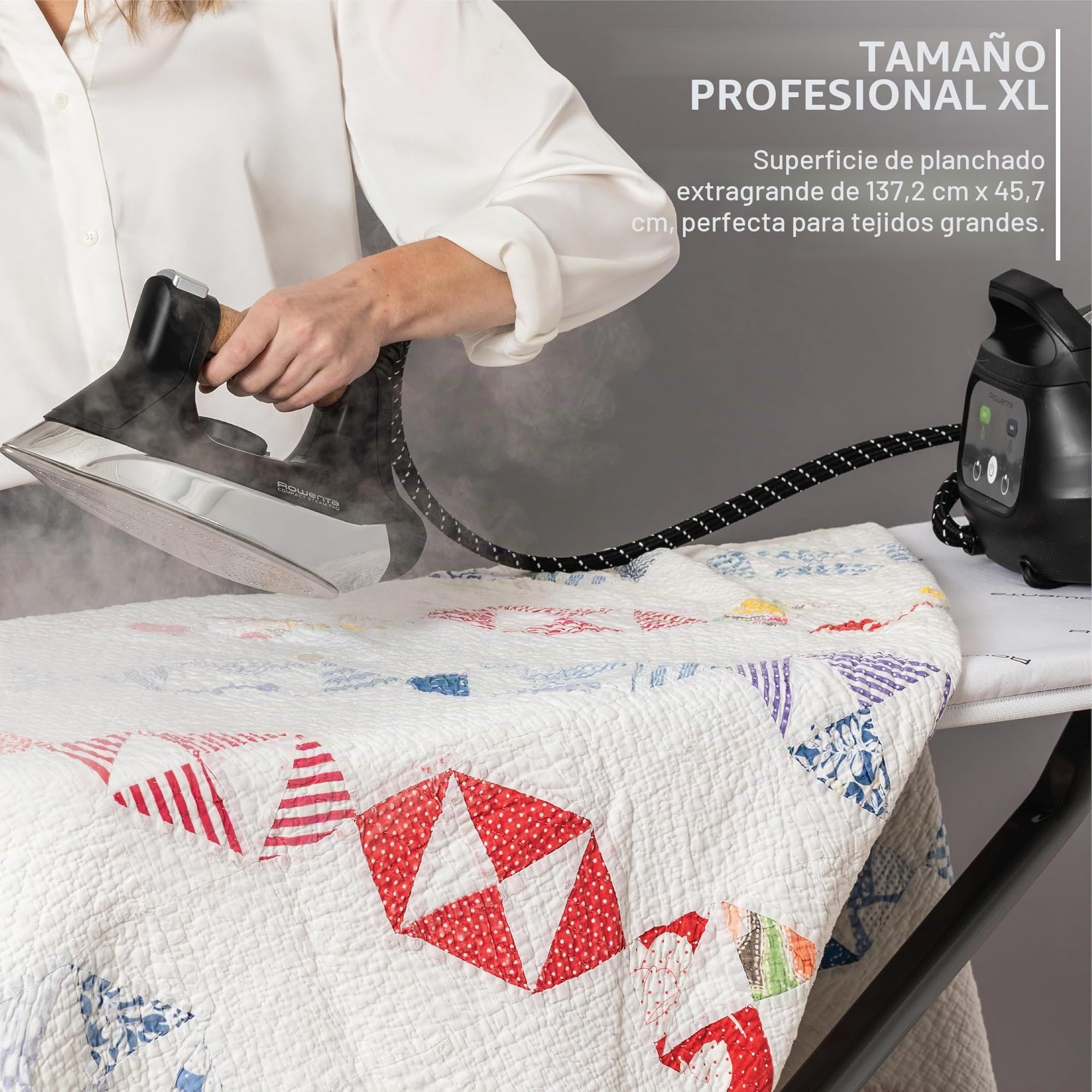 Rowenta IB9100 Pro - Tabla de Planchar Plegable Profesional compacta para Ahorrar Espacio, 4 Patas con estantes para Colgar y Funda de algodón, 18 54 Pulgadas, Beige, Metal, 18 x 54 Pulgadas