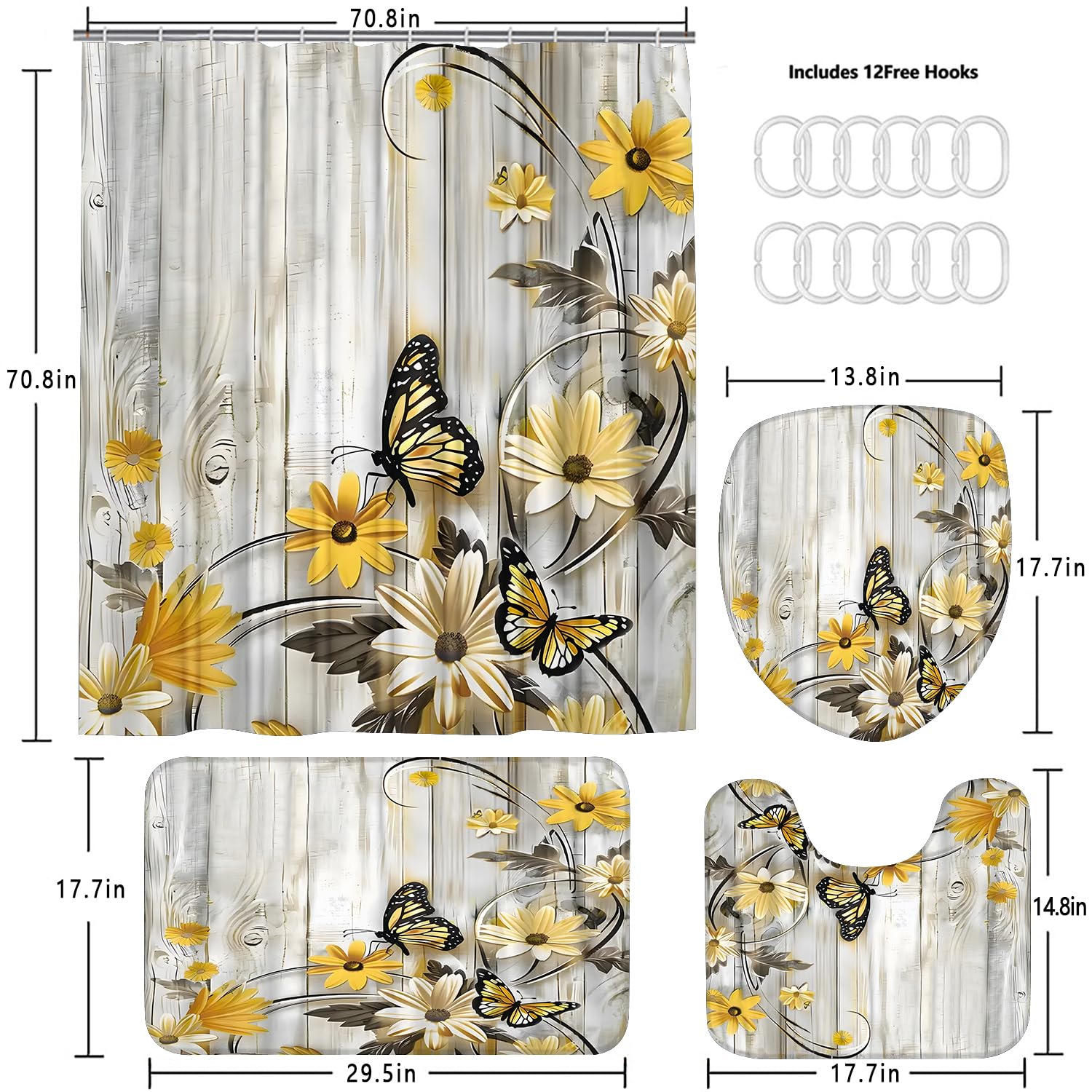 Juego de cortina de ducha con diseño floral de margaritas amarillas, diseño de campo de mariposa para decoración de baño, juego con alfombras, tapa de inodoro y alfombrilla de baño 4