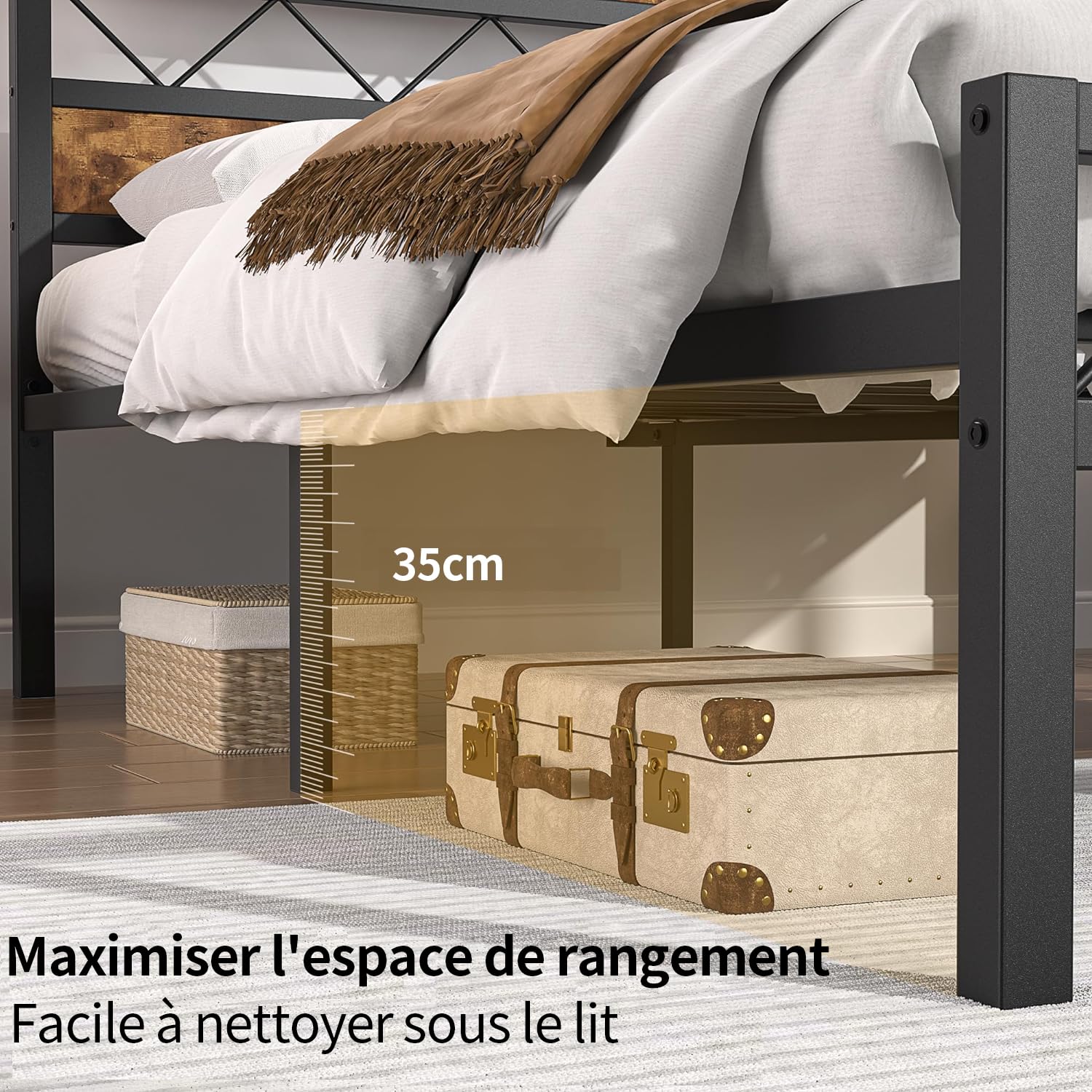 VECELO Cadre de Lit 90 x 190cm, avec Tête en Bois, Sommier Plateforme en Métal, avec Support à Lattes Solides et Espace de Rangement, Assemblage Facile, Marron Rustique