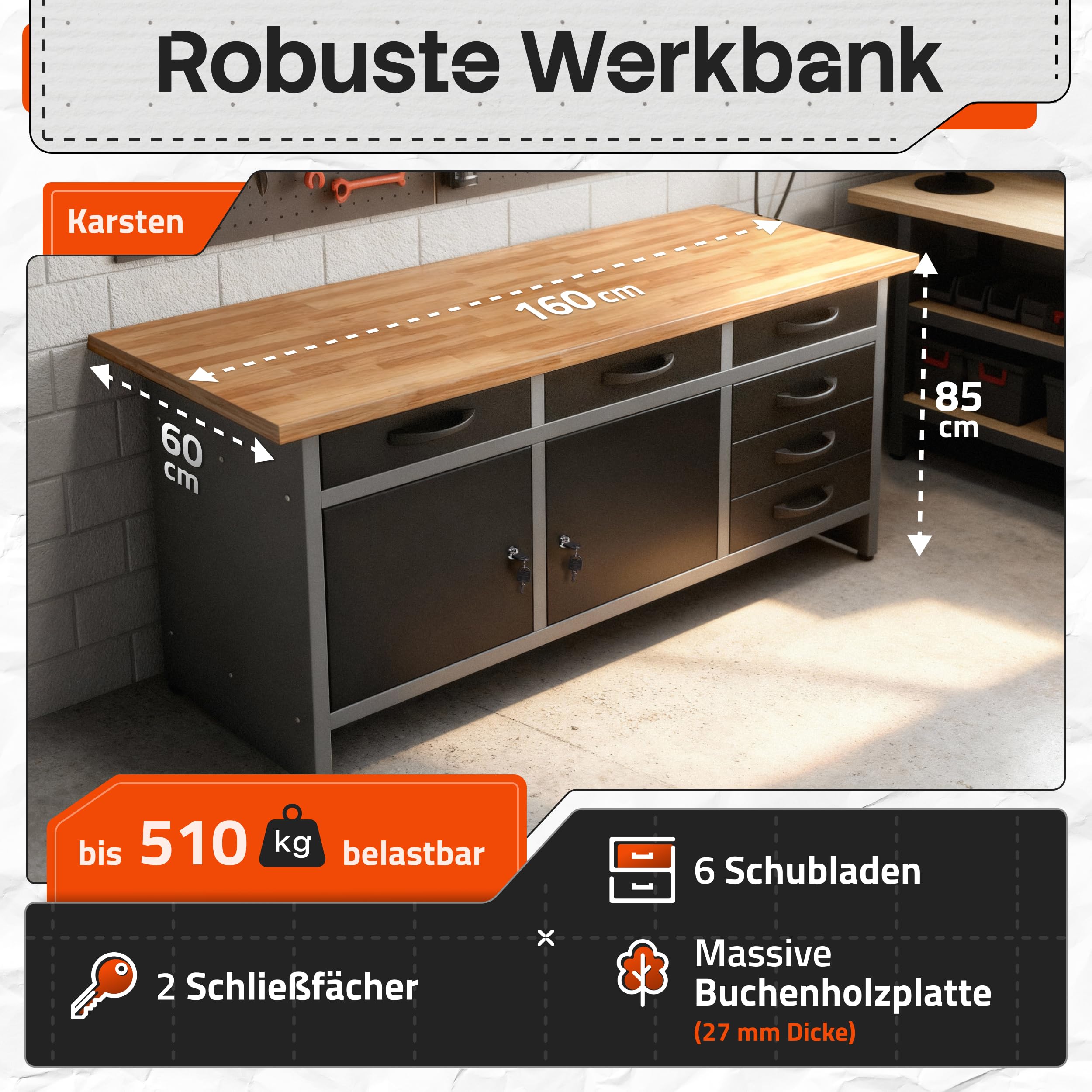 Ondis24 Werkbank Karsten Werktisch Packtisch 6 Schubladen Werkstatteinrichtung 160 x 60 x 85 (H) cm Buchenholzarbeitsplatte, Metall bis 510kg belastbar