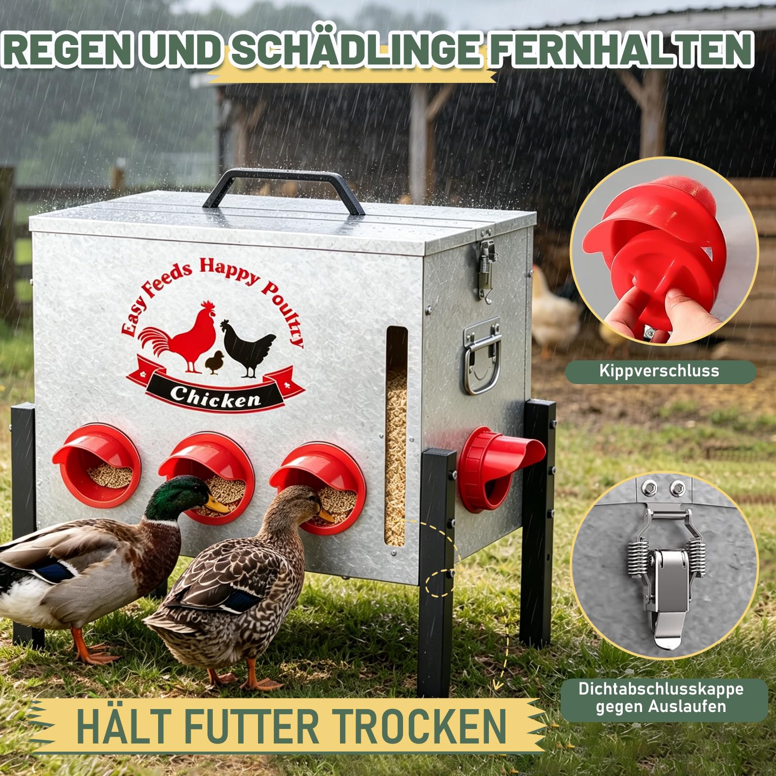 25 kg Futterautomat für Hühner, Hühnerfutter Automat mit 8 Fütterungsöffnungen, Fenster, Höhenverstellbar, Rattenfest Futterspeicher für Hühner, Enten, Gänse, Zubehör für Hühnerstall